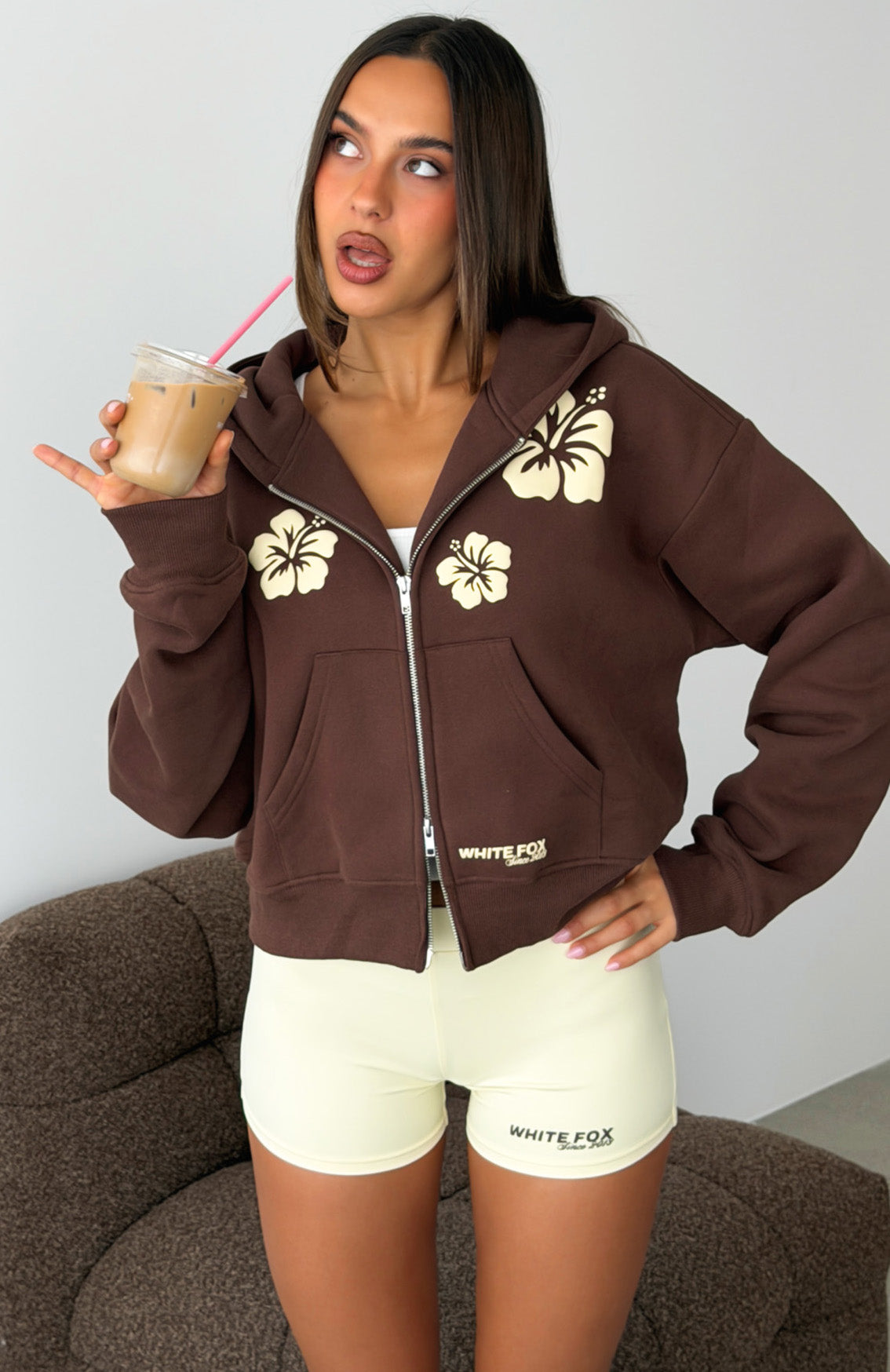 Come Catch Me Boxy Zip Front Hoodie Chocolate | White Fox Boutique US