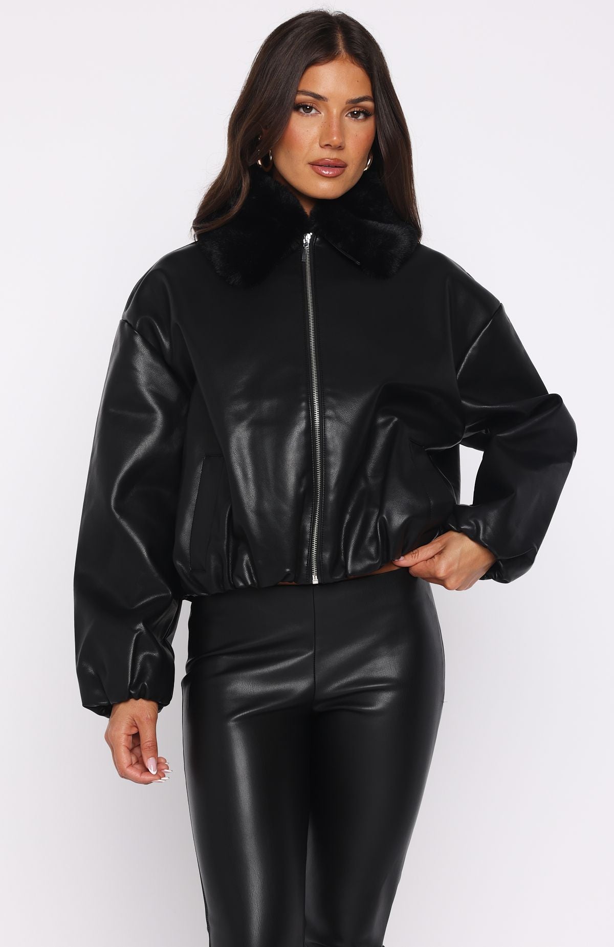 No Competition PU Bomber Jacket Black | White Fox Boutique US