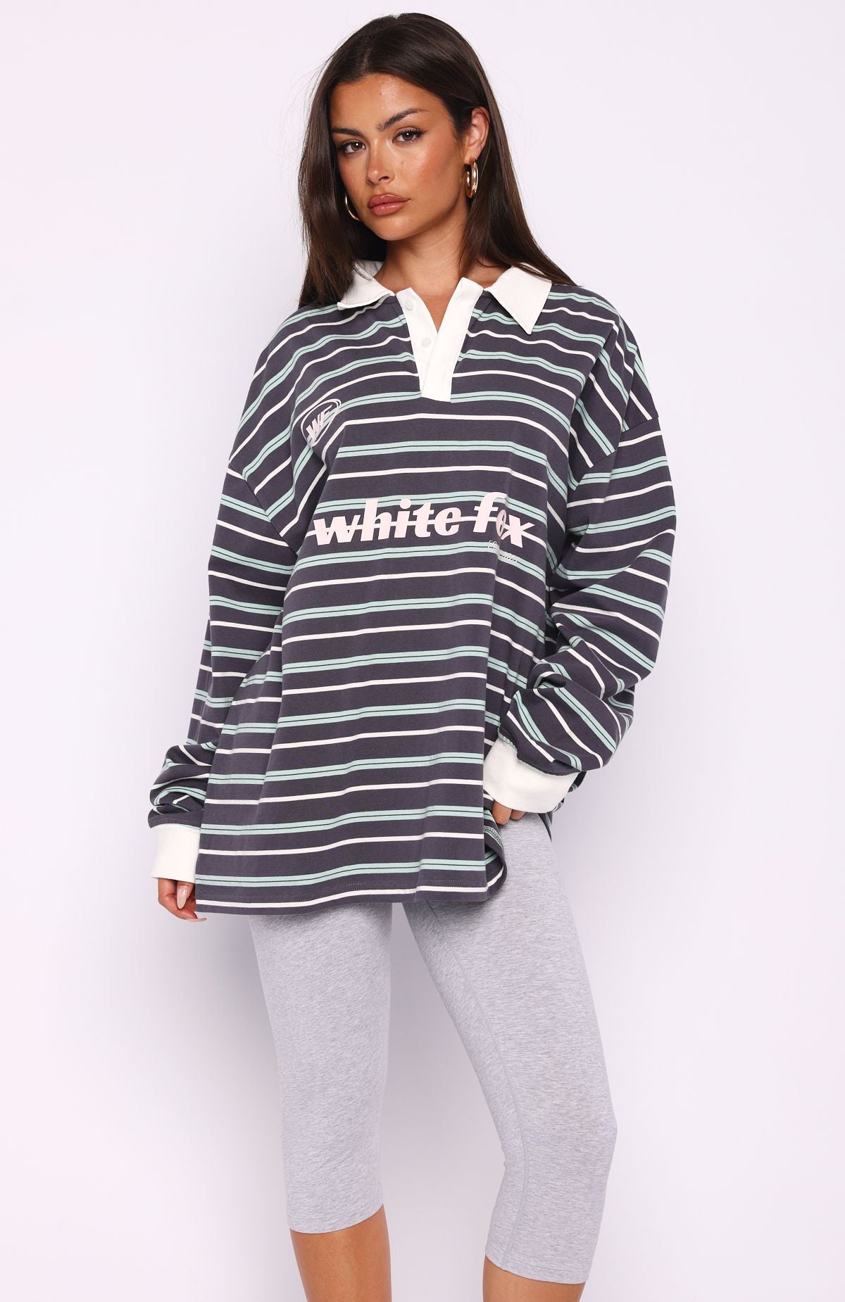 Gentle Affection Long Sleeve Rugby Shirt Grey/Mint Stripe | White