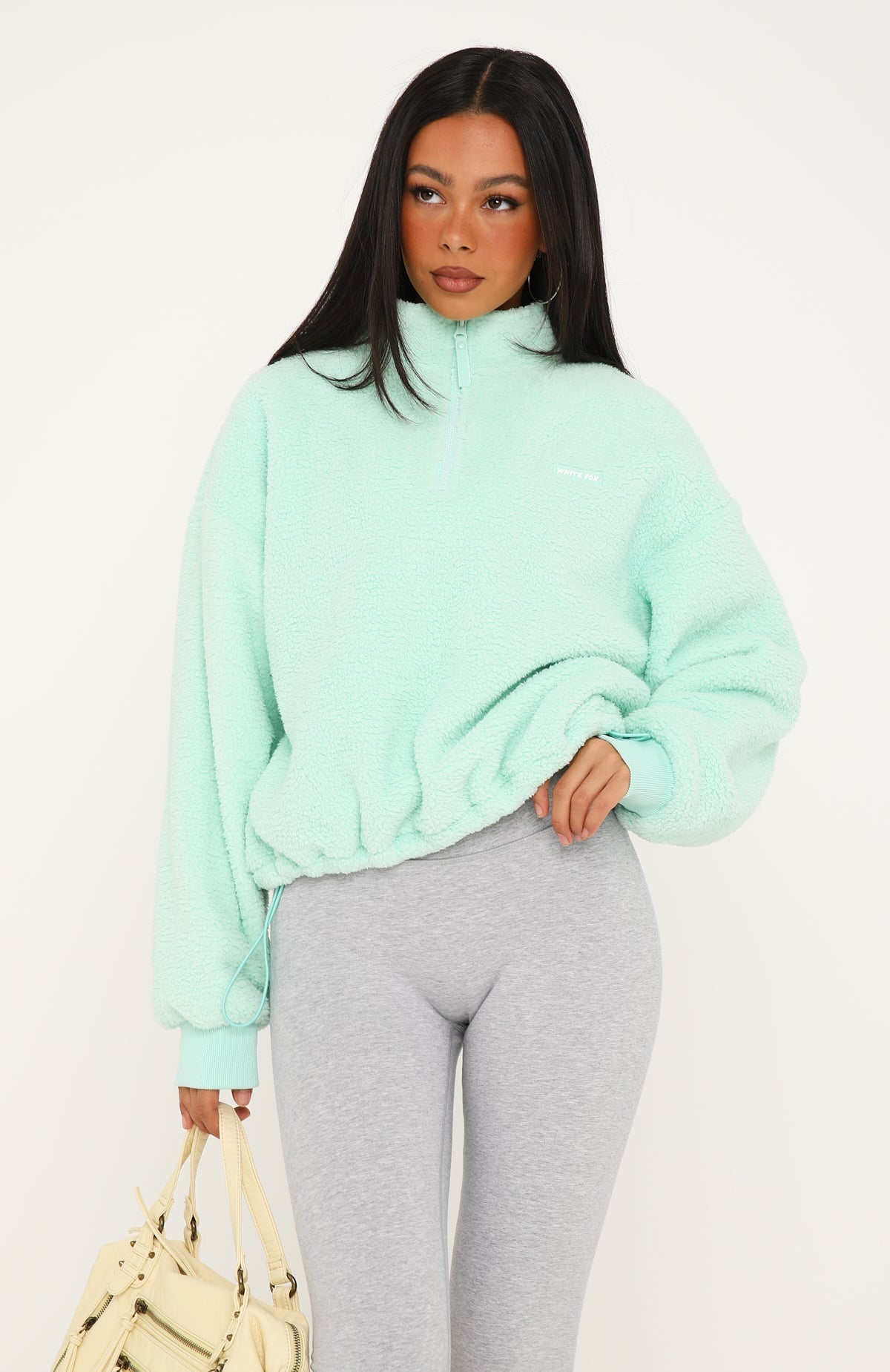 Figure It Out Later Fleece Quarter Zip Sweater Icy Mint | White