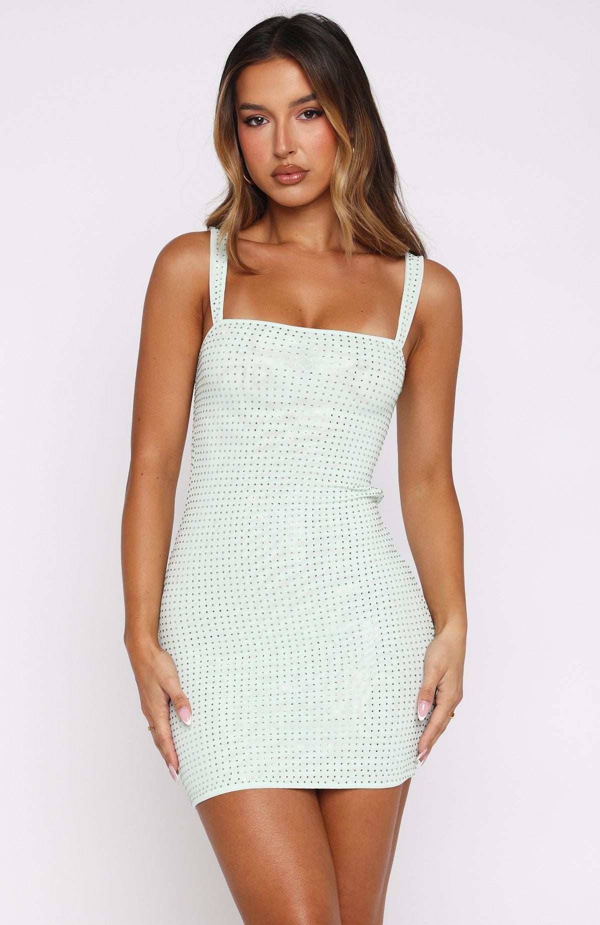 Pump The Volume Embellished Mini Dress Mint | White Fox Boutique US