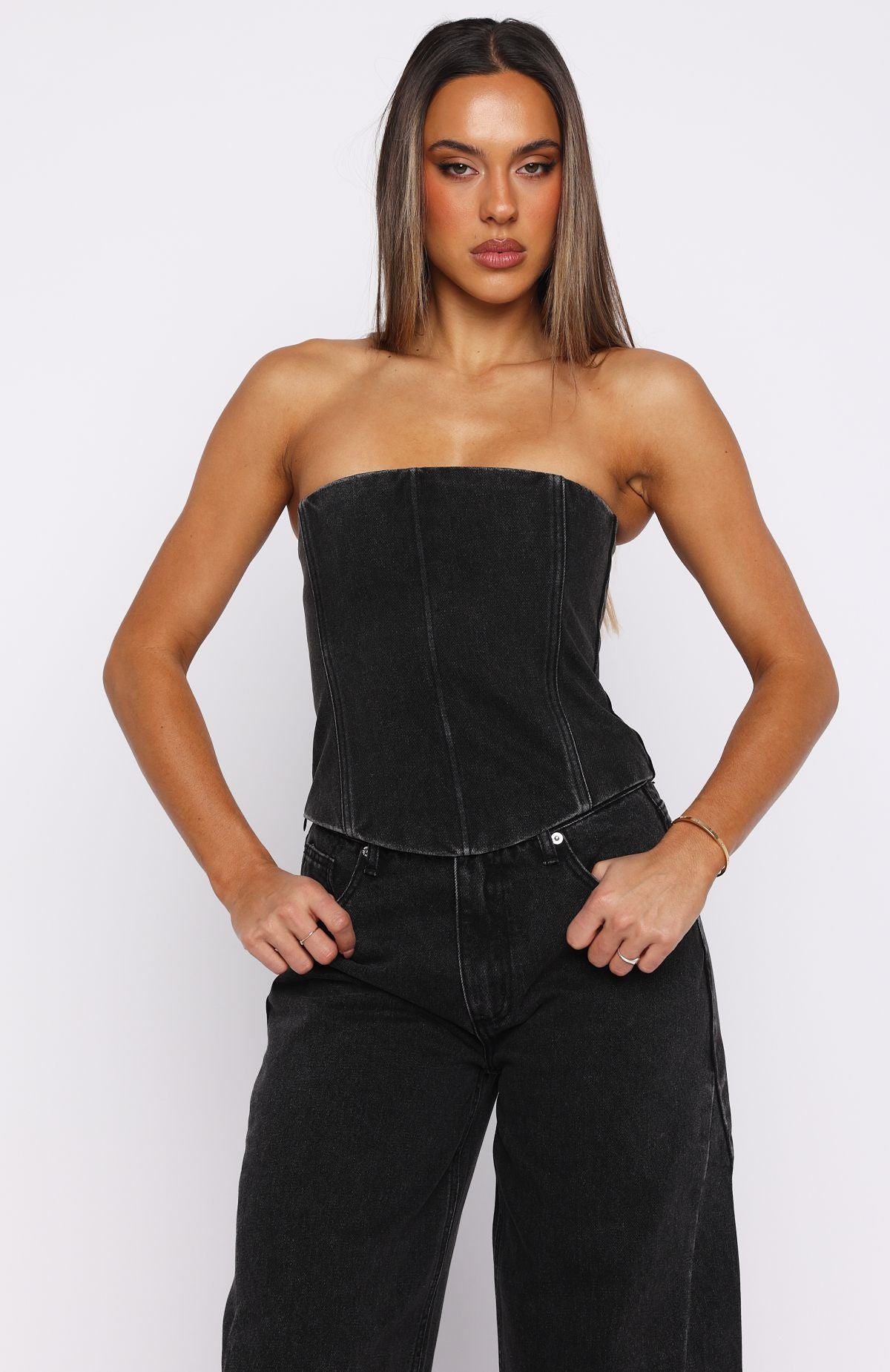 Be Mine Forever Denim Bustier Black Acid | White Fox Boutique US