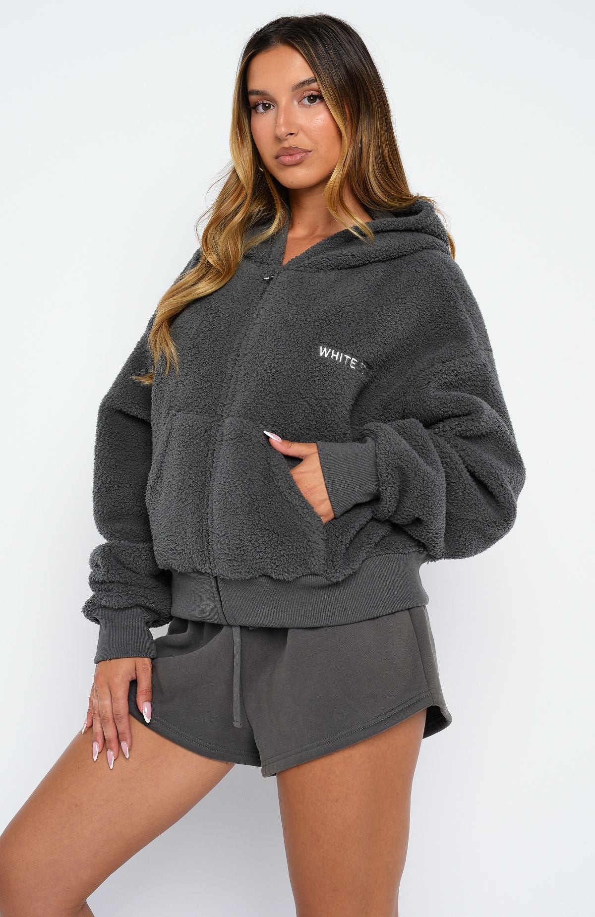 Always First Teddy Borg Boxy Zip Front Hoodie Charcoal | White Fox
