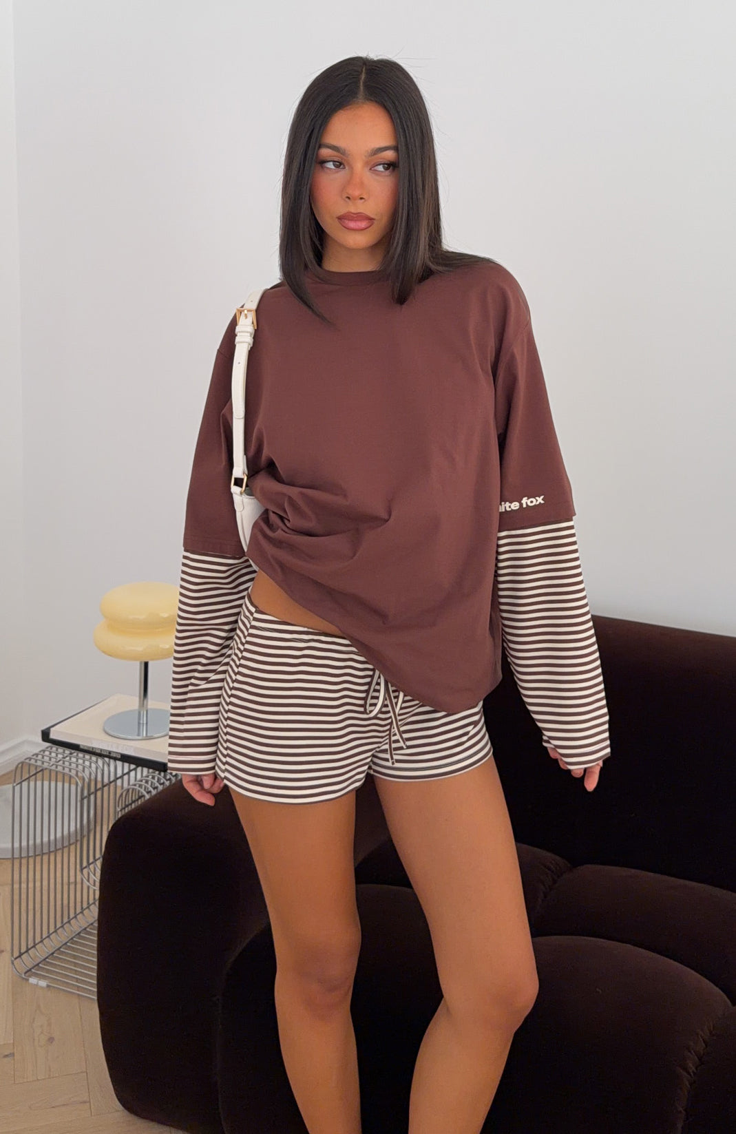 トップス TREATMENT ASIA LAYERED LONG TEE Let's Take Our Time Long Sleeve Layered Tee Chocolate | White Fox