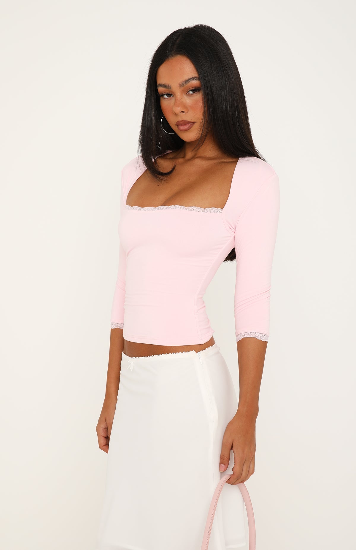 Light Layers Lace Trim 3/4 Sleeve Top Baby Pink | White Fox