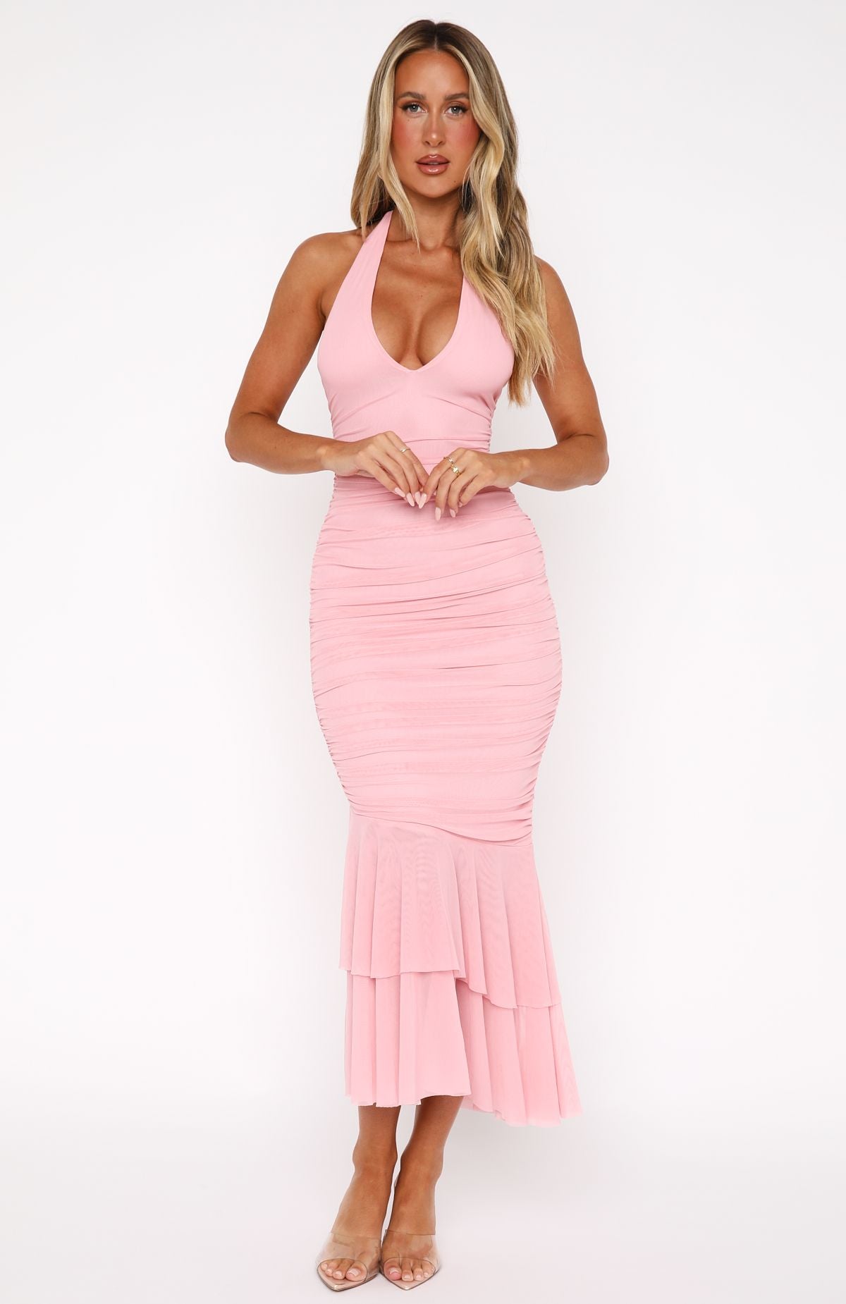 strapless open back dress Seraphina Pastel Pink Halter Tie Tiered Evening Dress M main image 0