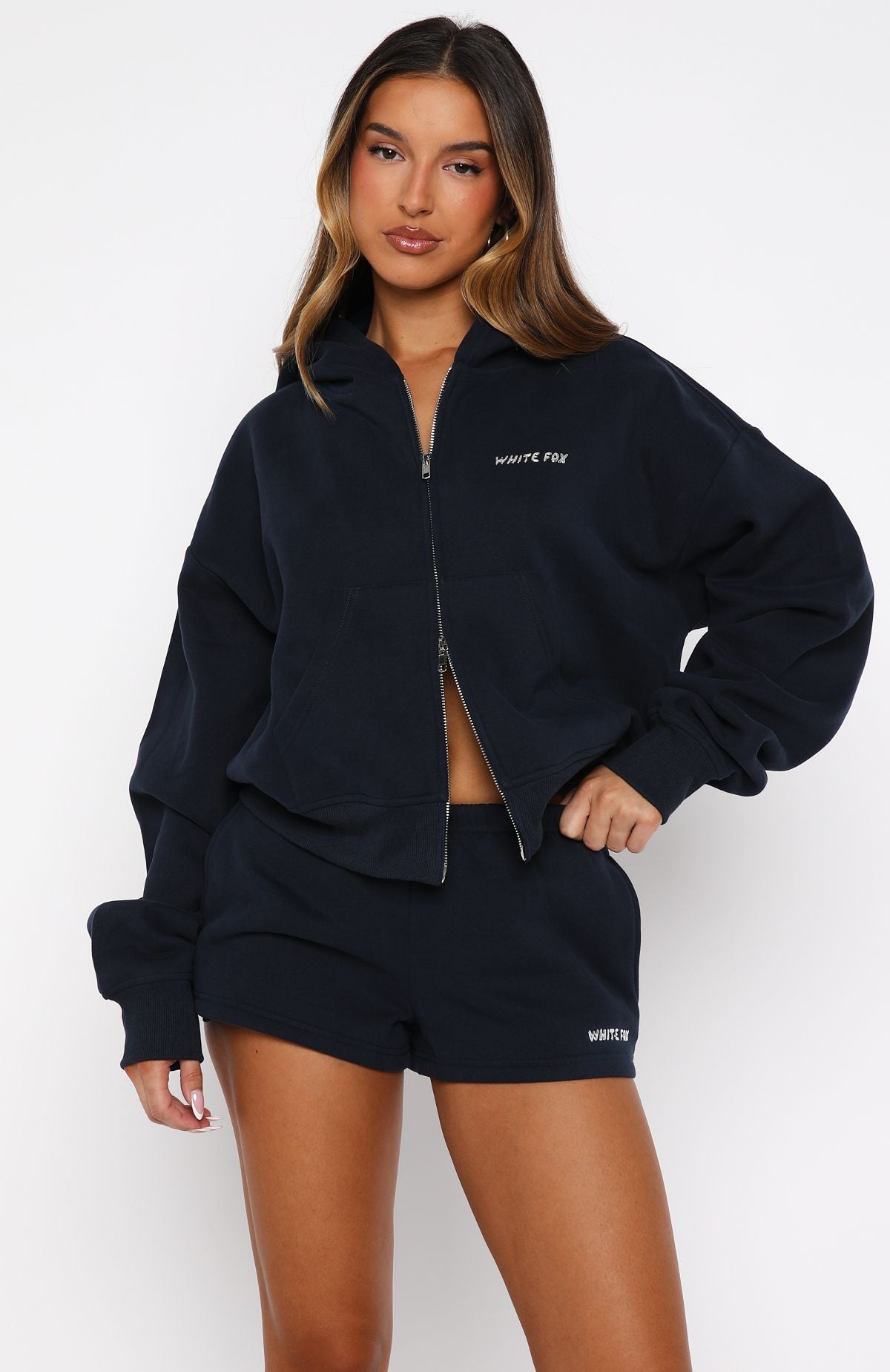 Test Drive Boxy Zip Front Hoodie Dark Navy | White Fox Boutique US