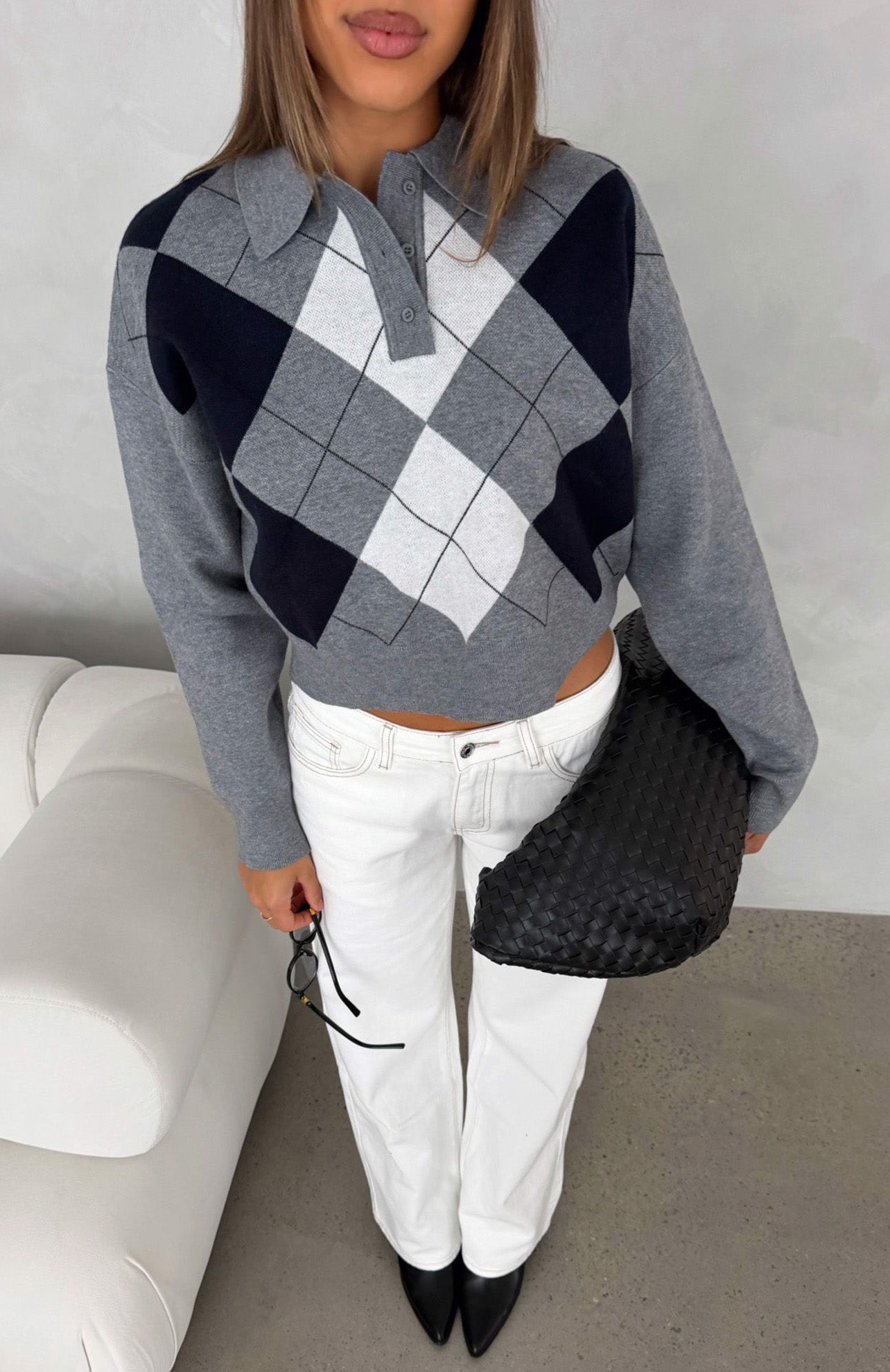 Cinzia Argyle Knit Sweater Navy Winter | White Fox Boutique US
