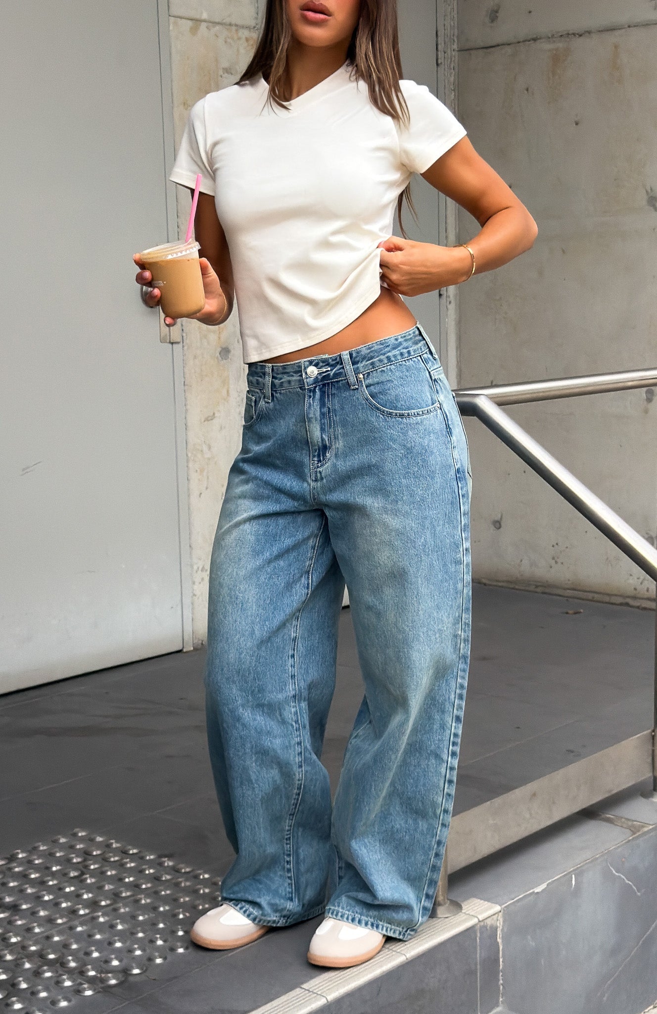 Not My Type Denim Low Rise Wide Leg Jeans Brown Blue Wash | White 