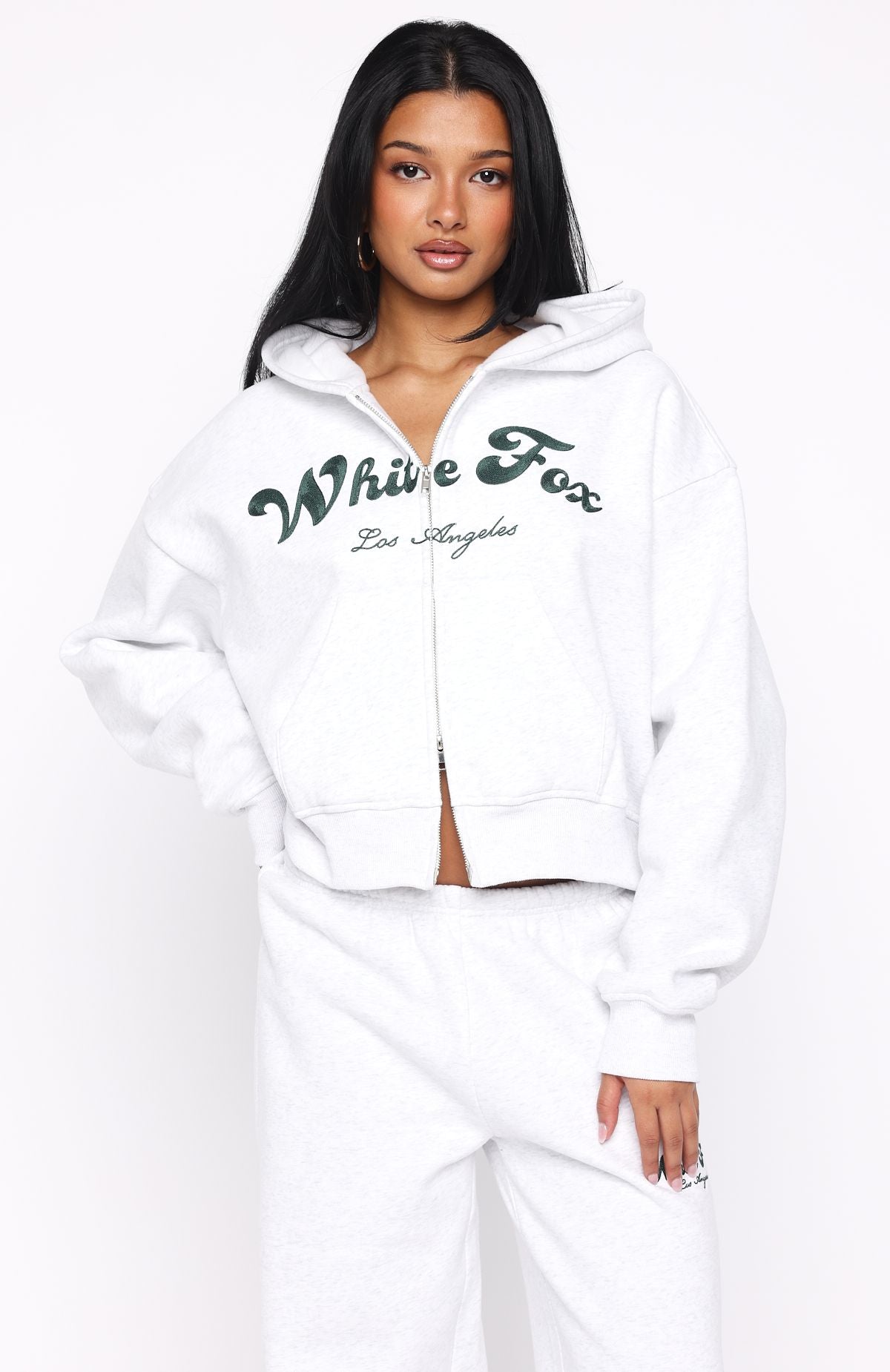 Through Thick And Thin Boxy Zip Front Hoodie Grey Marle | White