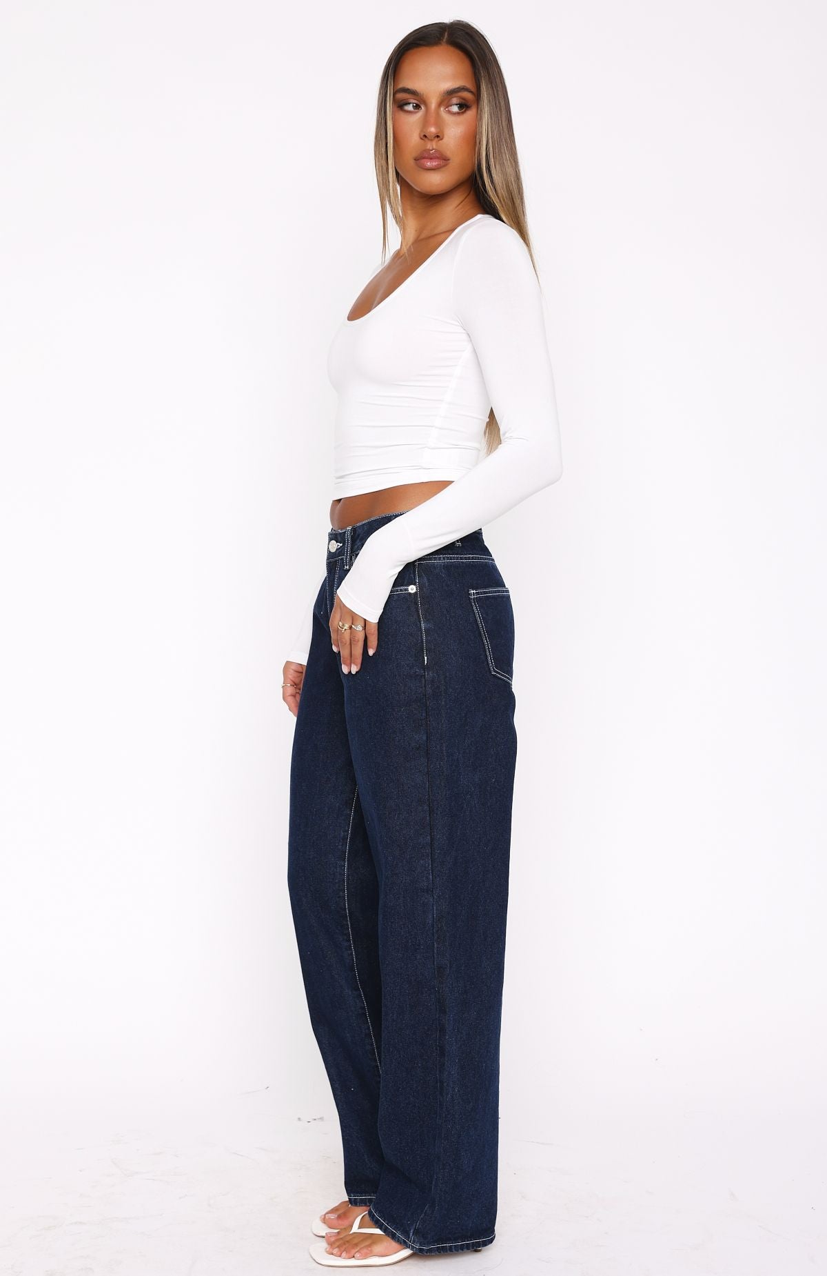 Bring The Style Low Rise Wide Leg Jeans Dark Indigo Wash | White
