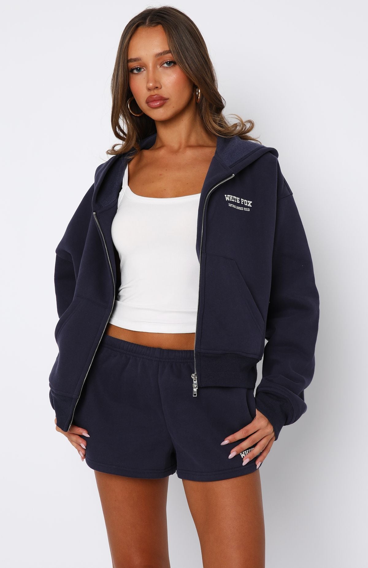 Can't Miss It Boxy Zip Front Hoodie Navy | White Fox Boutique US