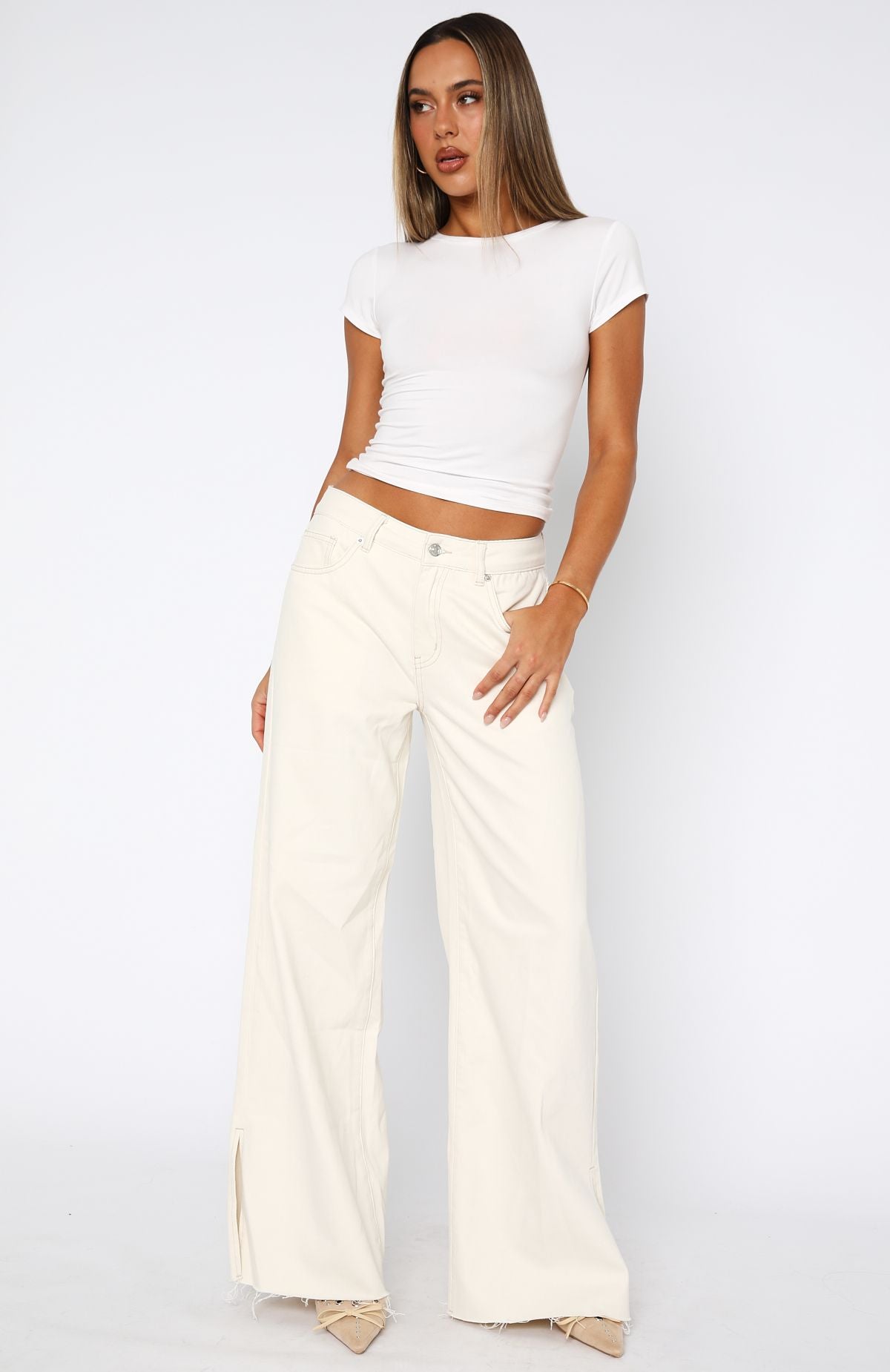 Summer Mid Rise Wide Leg Jeans Cream | White Fox Boutique US