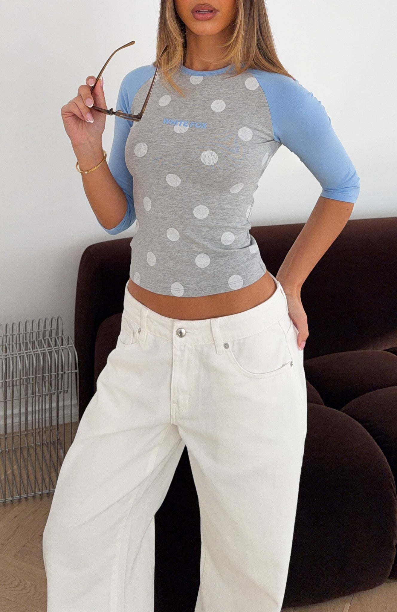 Remy 3/4 Sleeve Top Grey/Blue | White Fox Boutique US