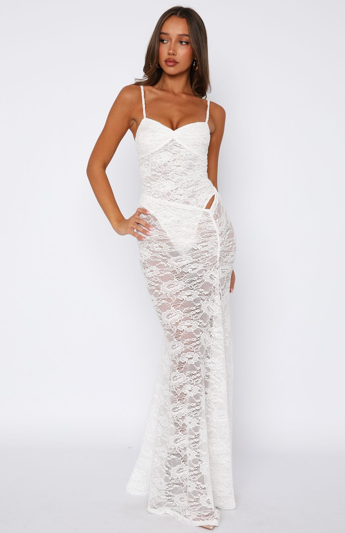 white lace grad dresses Round Neck White Lace Pink Long Prom Dresses, Pink Lace Formal Graduation  Evening Dresses