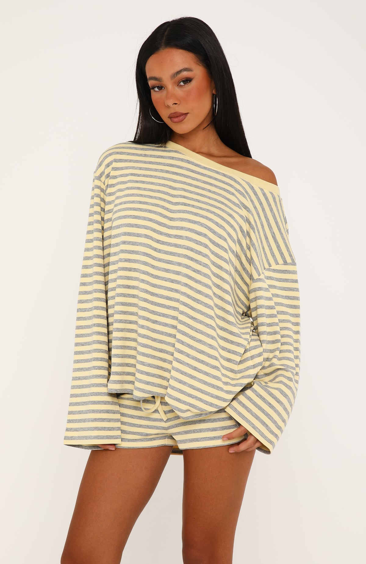 Touchdown Off Shoulder Oversized Long Sleeve Tee Lemon/Grey Marle