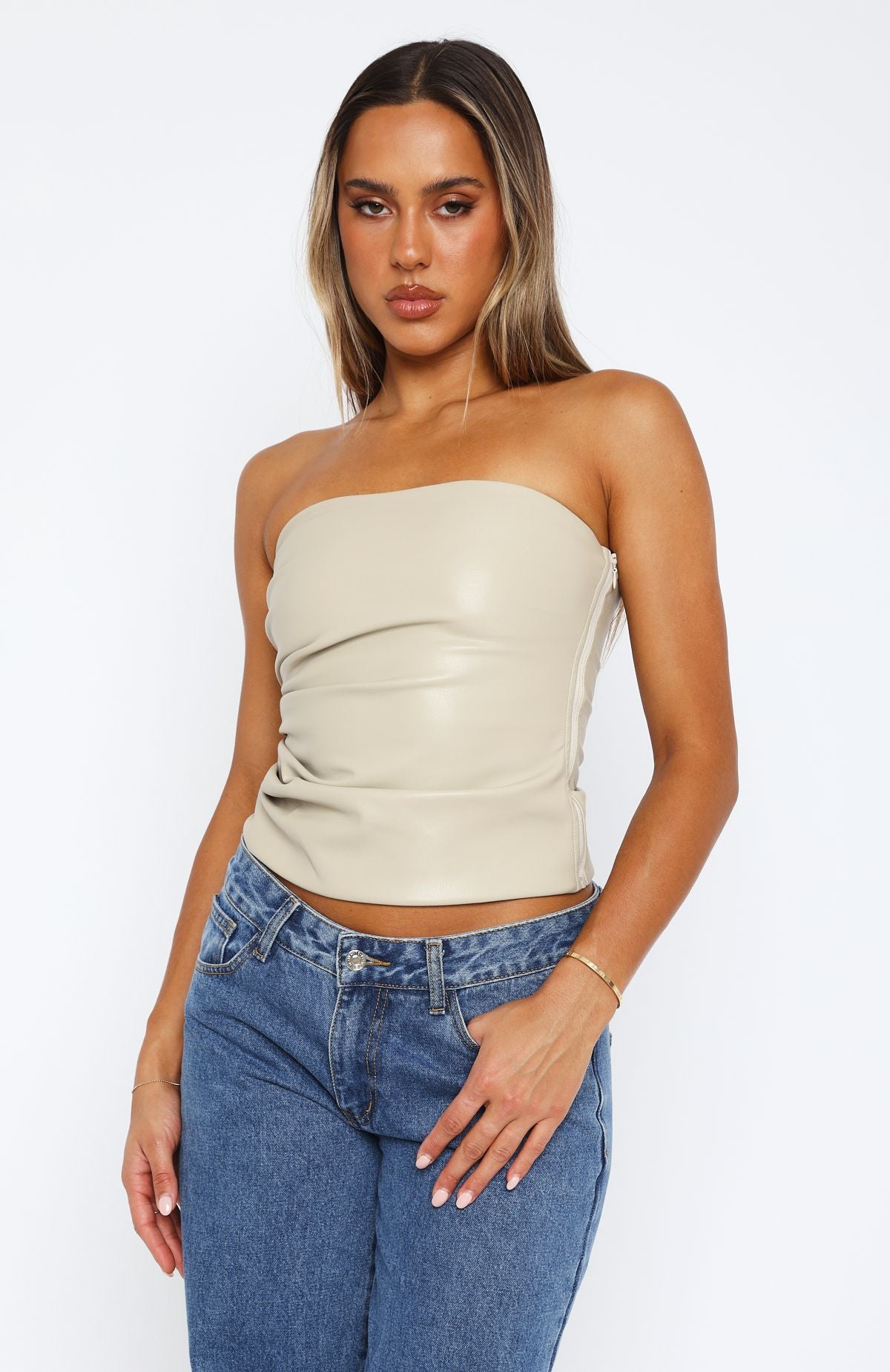 Well Behaved Strapless PU Bustier Taupe | White Fox Boutique US