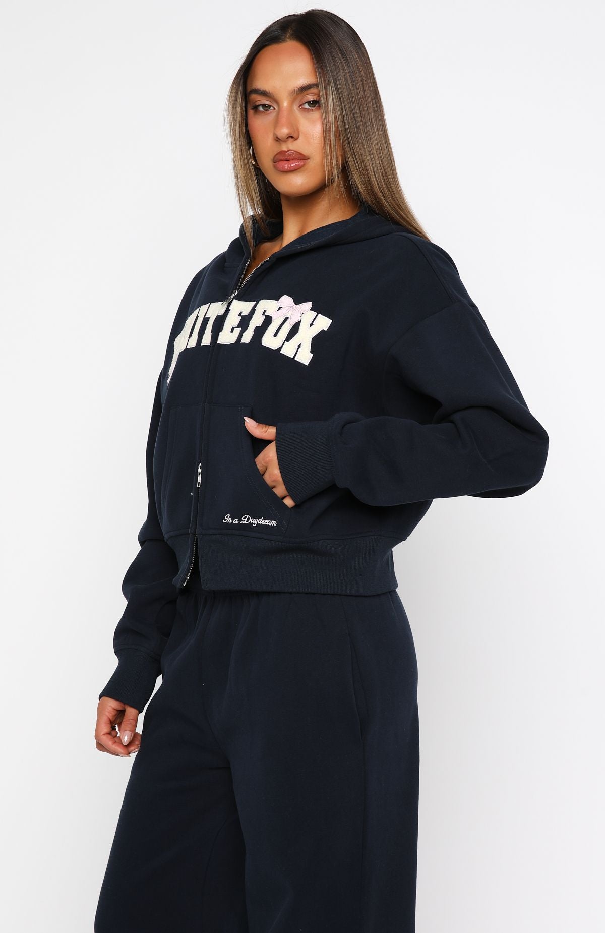 Daydreamers Madeline Boxy Zip Front Hoodie Navy | White Fox