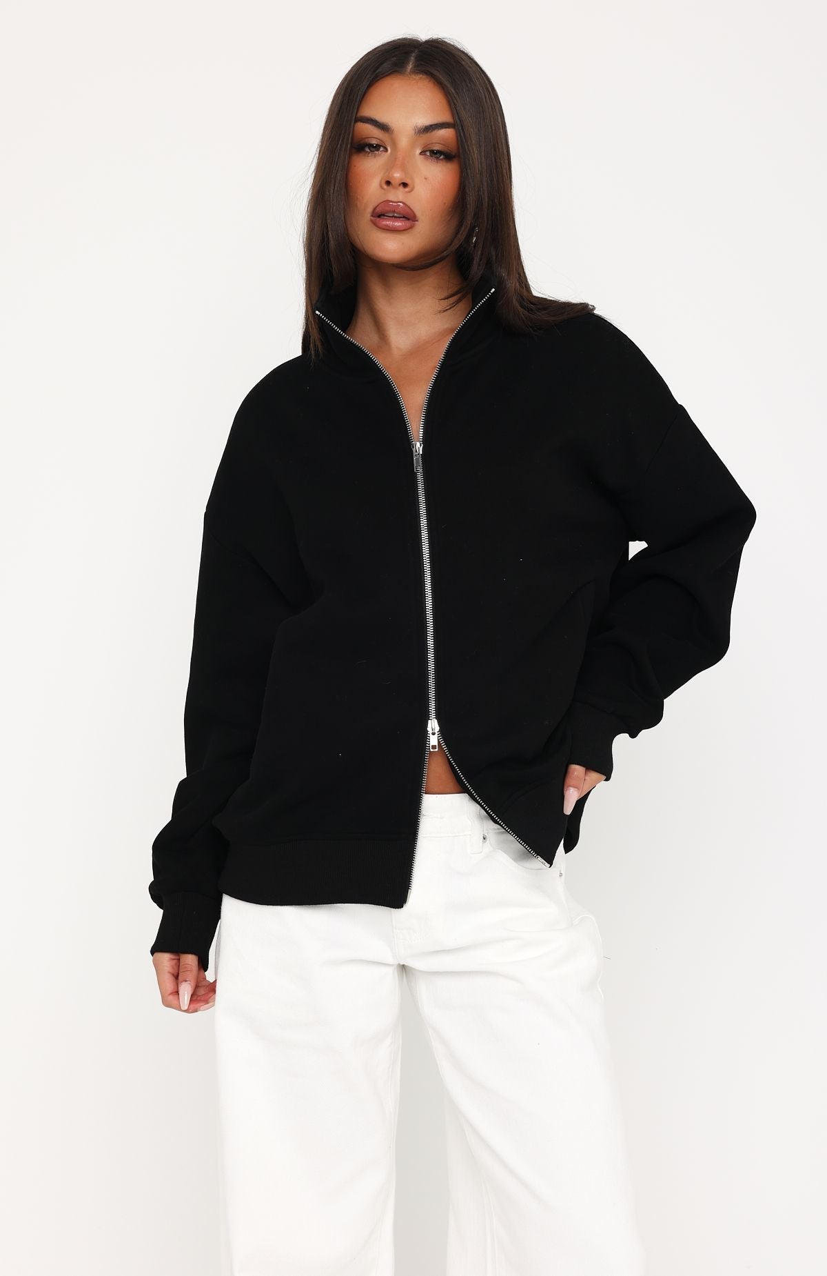 Such A Dream Oversized Zip Front Funnel Neck Jacket Black | White