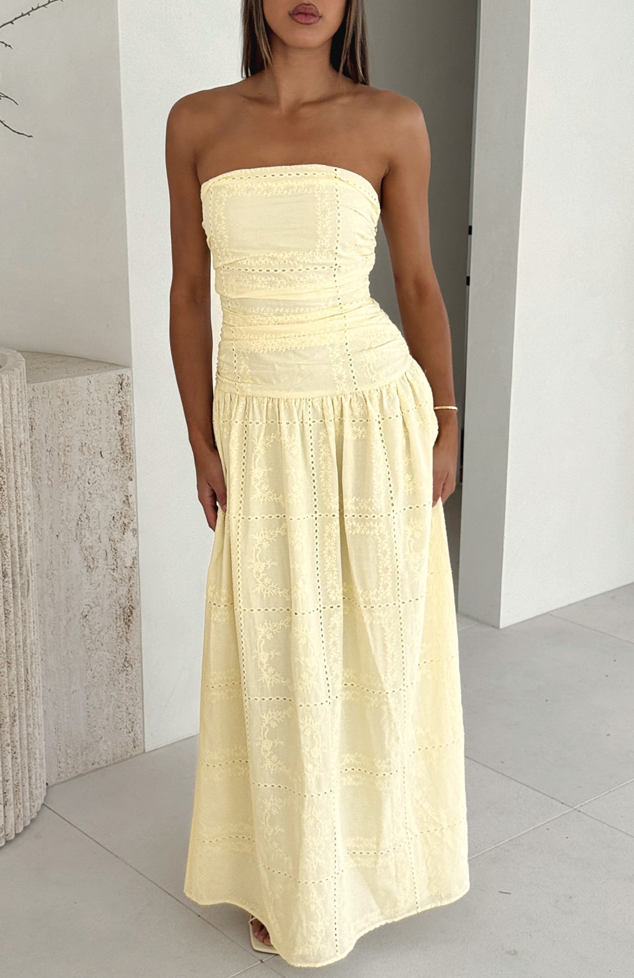 butter yellow strapless maxi dress Bittersweet Babe Strapless Broderie Maxi Dress Butter