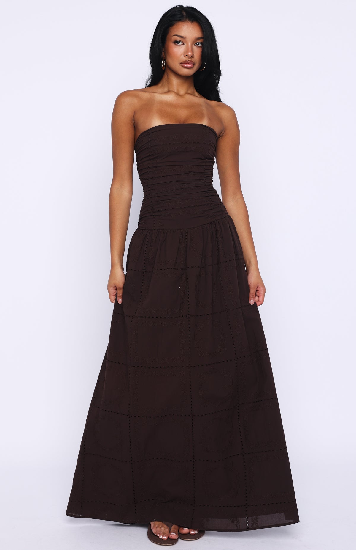 Bittersweet Babe Strapless Broderie Maxi Dress Chocolate | White