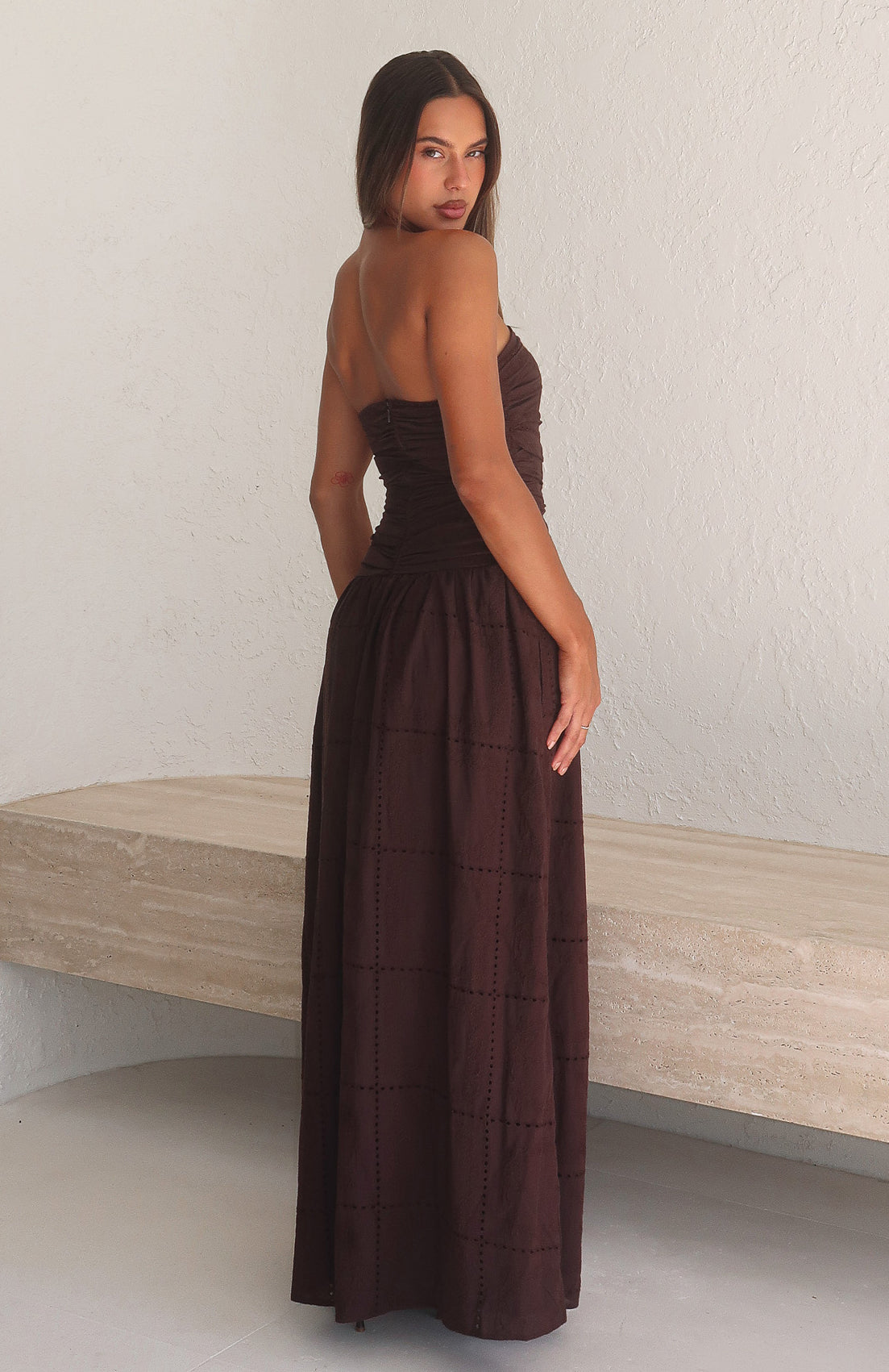 chocolate brown strapless dress Bittersweet Babe Strapless Broderie Maxi Dress Chocolate