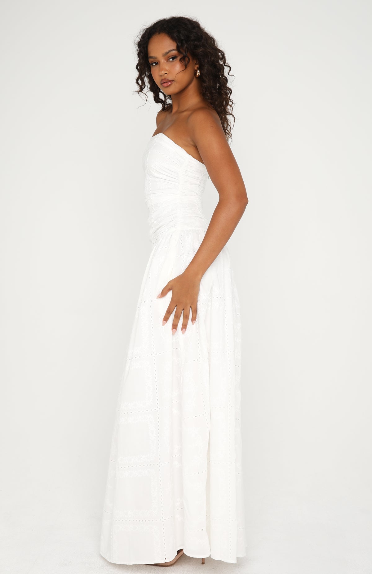 lucille strapless maxi dress with tiered crochet from trish scully Bittersweet Babe Broderie White Height 58.5 Size:US 14 / EU 47 Women's Forever Classic Brown period_1960s