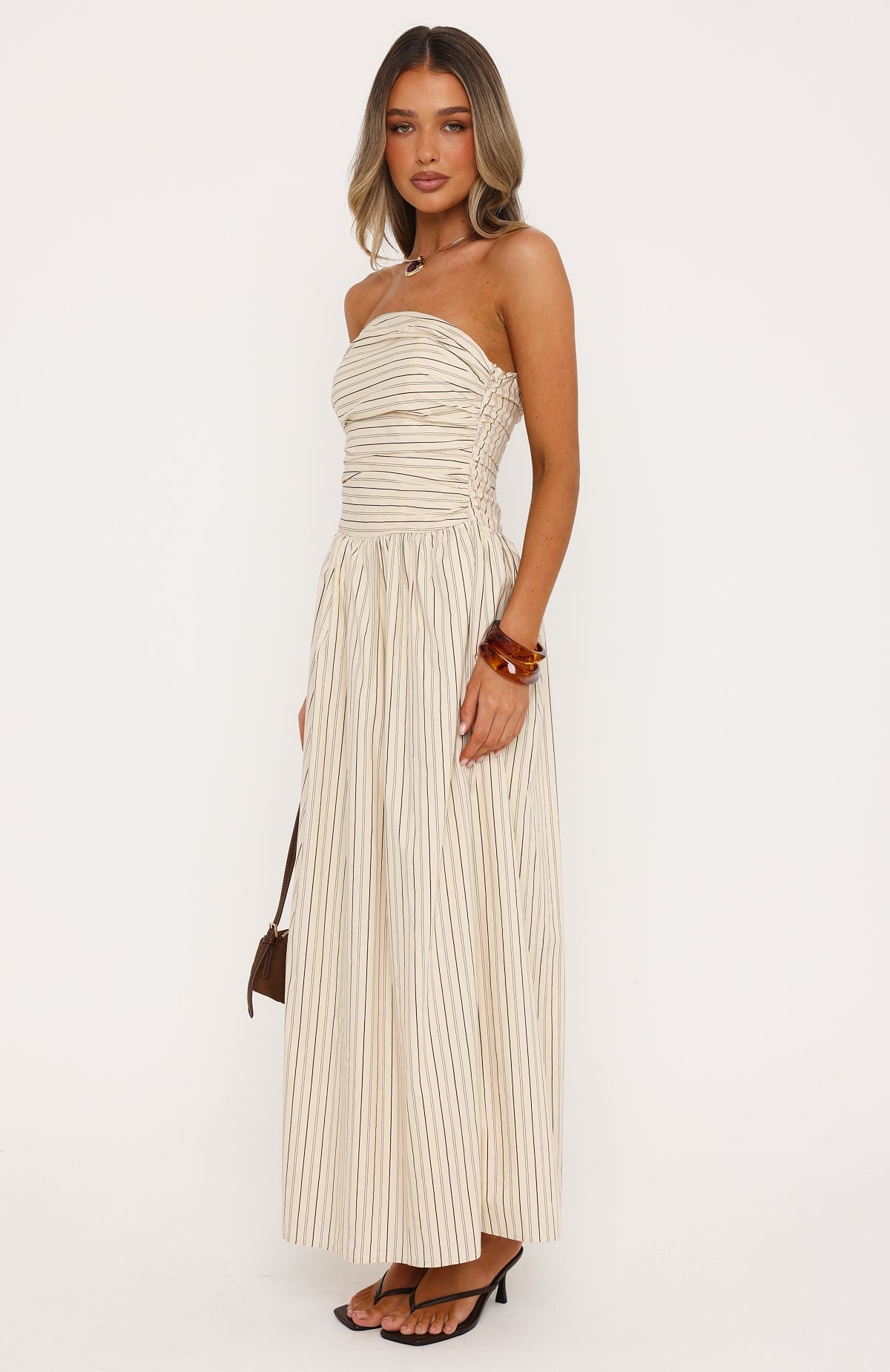 cream strapless maxi dress Irene Cream Satin Strapless Maxi Dress - Size S - Cowl Back & Ruched Elastic Strap