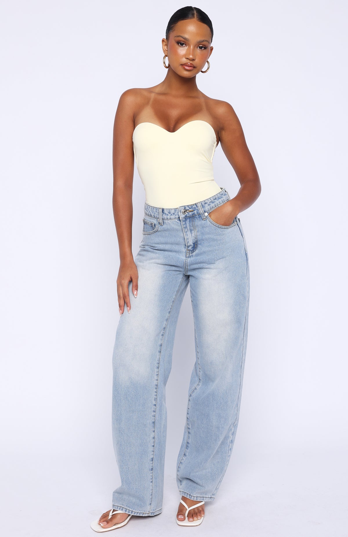 Born To Shine High Waisted Barrel Jeans Light Blue Wash | White