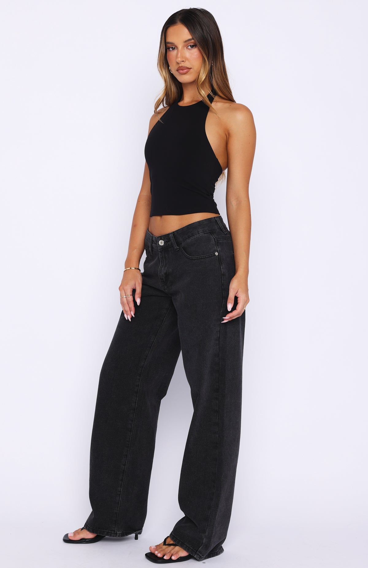 Bring The Style Low Rise Wide Leg Jeans Black Acid Wash | White