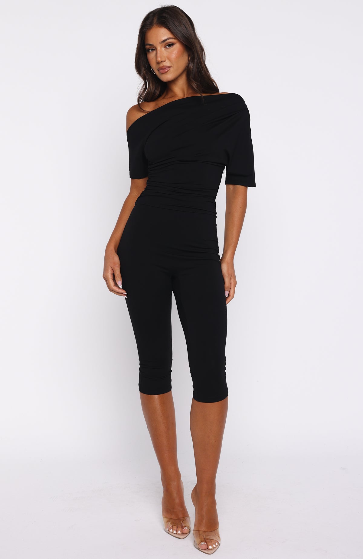 Brunch Dates Off Shoulder Jumpsuit Black | White Fox Boutique US