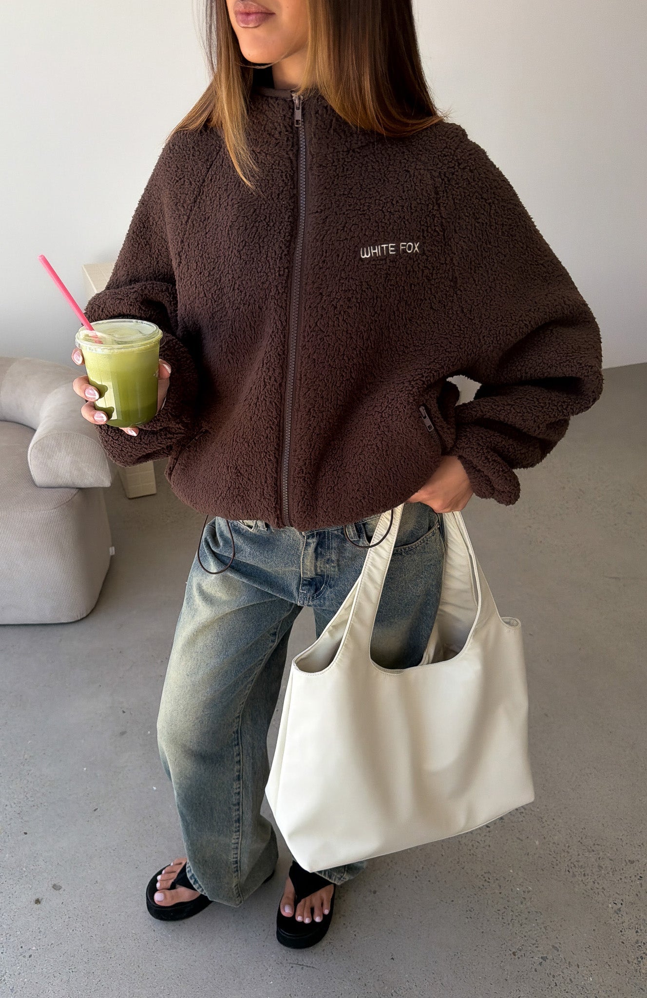 Calm Before The Storm Zip Front Fleece Sweater Chocolate | White