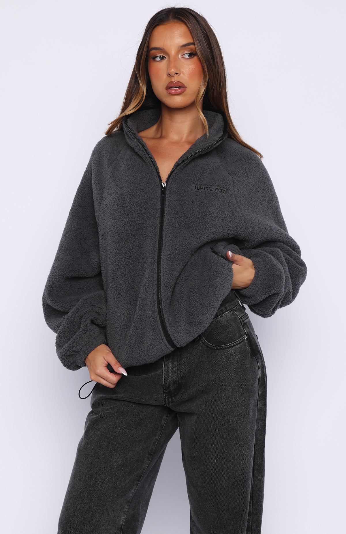 Calm Before The Storm Zip Front Fleece Sweater Charcoal | White