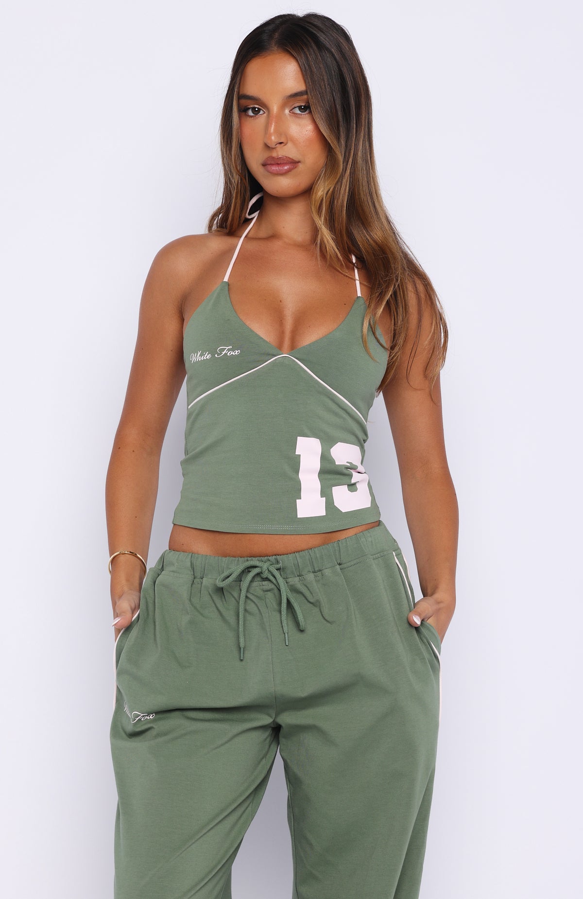 Can't Help The Feeling Halter Top Khaki | White Fox Boutique US