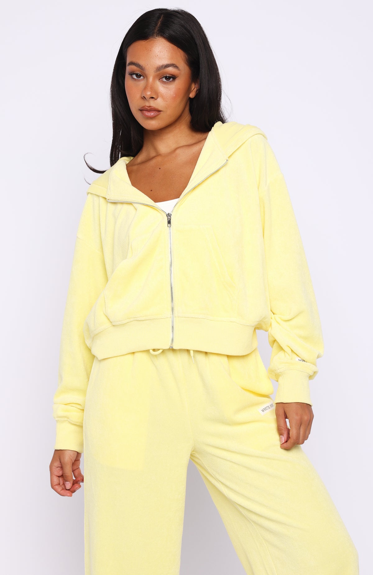 Causing Commotion Terry Boxy Zip Front Hoodie Lemon | White Fox