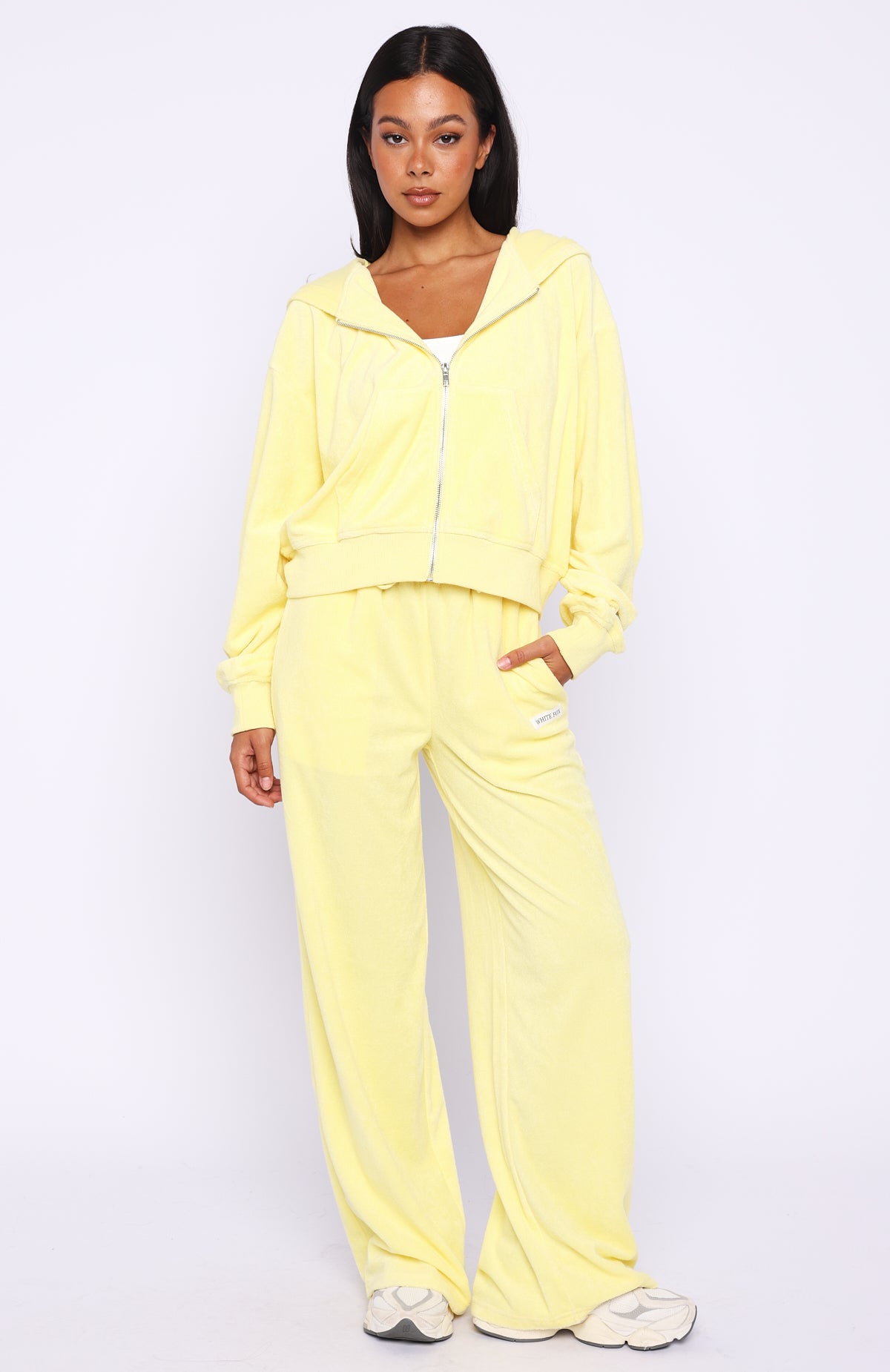 Causing Commotion Terry Wide Leg Sweatpants Lemon | White Fox