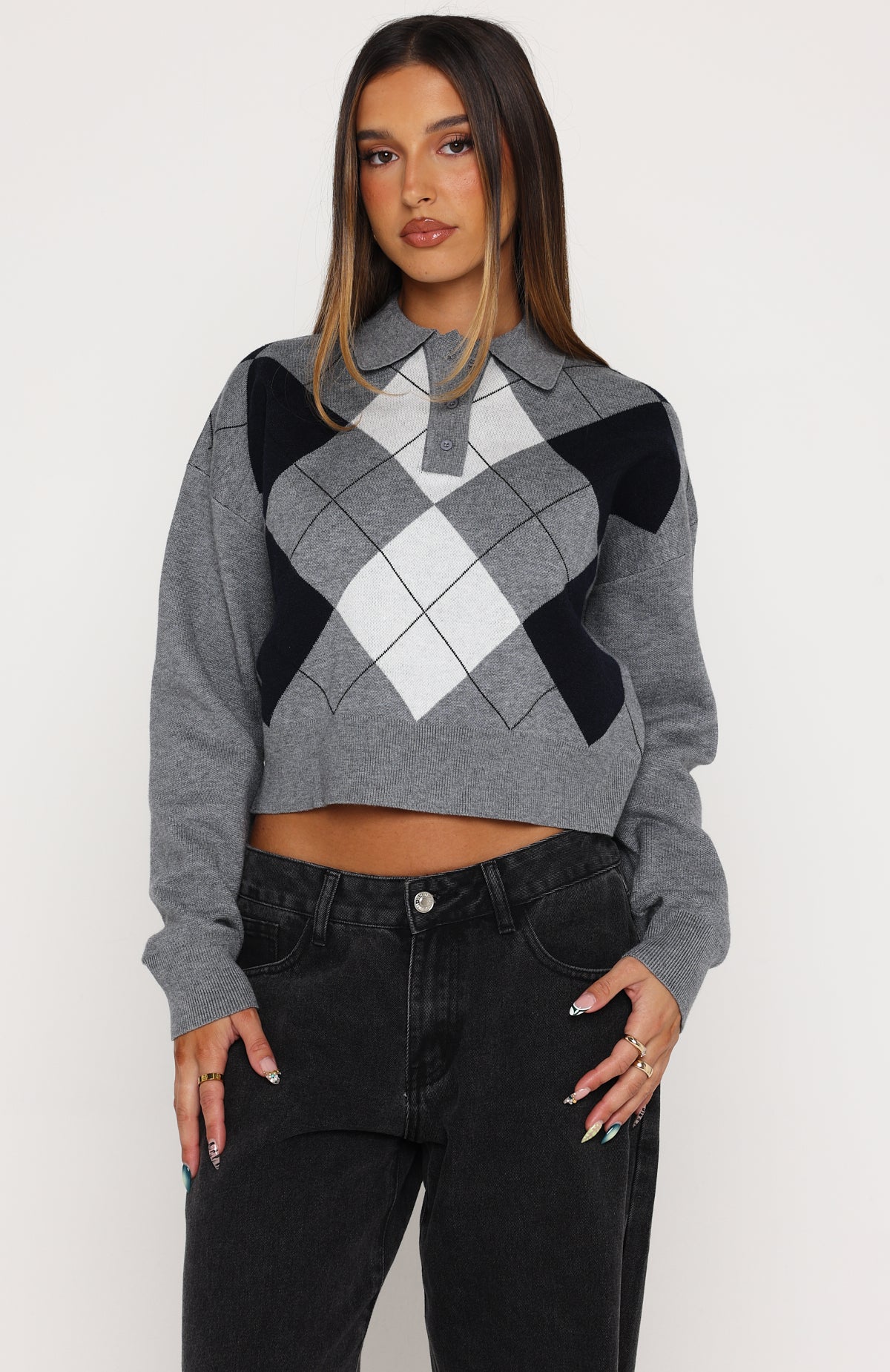 Cinzia Argyle Knit Sweater Navy Winter | White Fox Boutique US