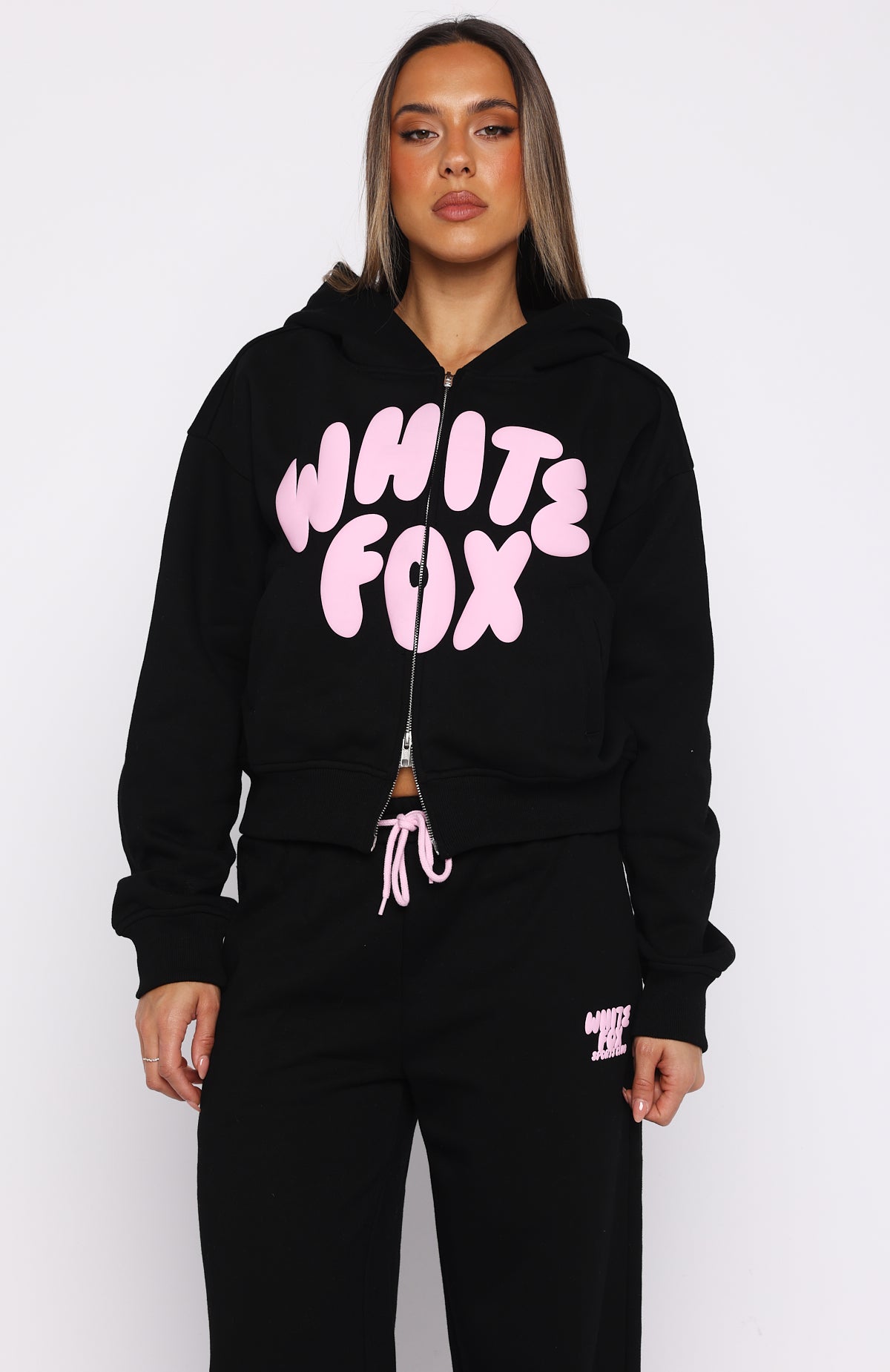 Club 14 Allie Boxy Zip Front Hoodie Black | White Fox Boutique US