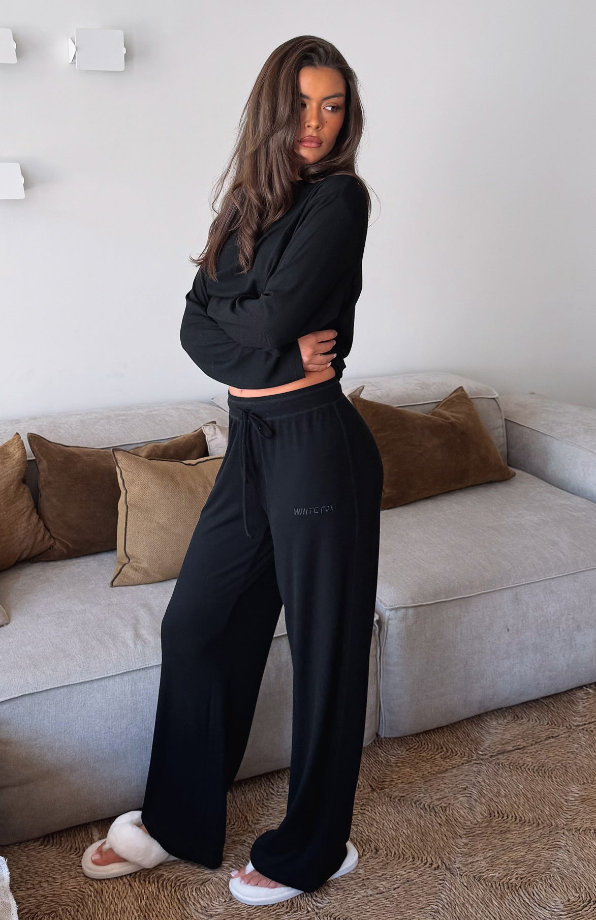 Come A Long Way Soft Lounge Ribbed Wide Leg Pants Black | White