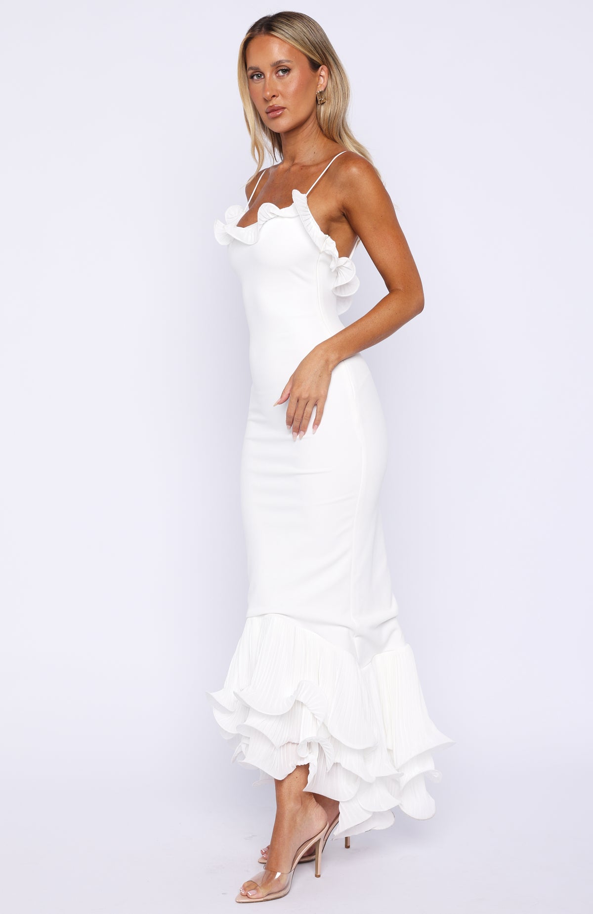 white maxi dress with ruffles Dancing Petals Maxi Dress Off White