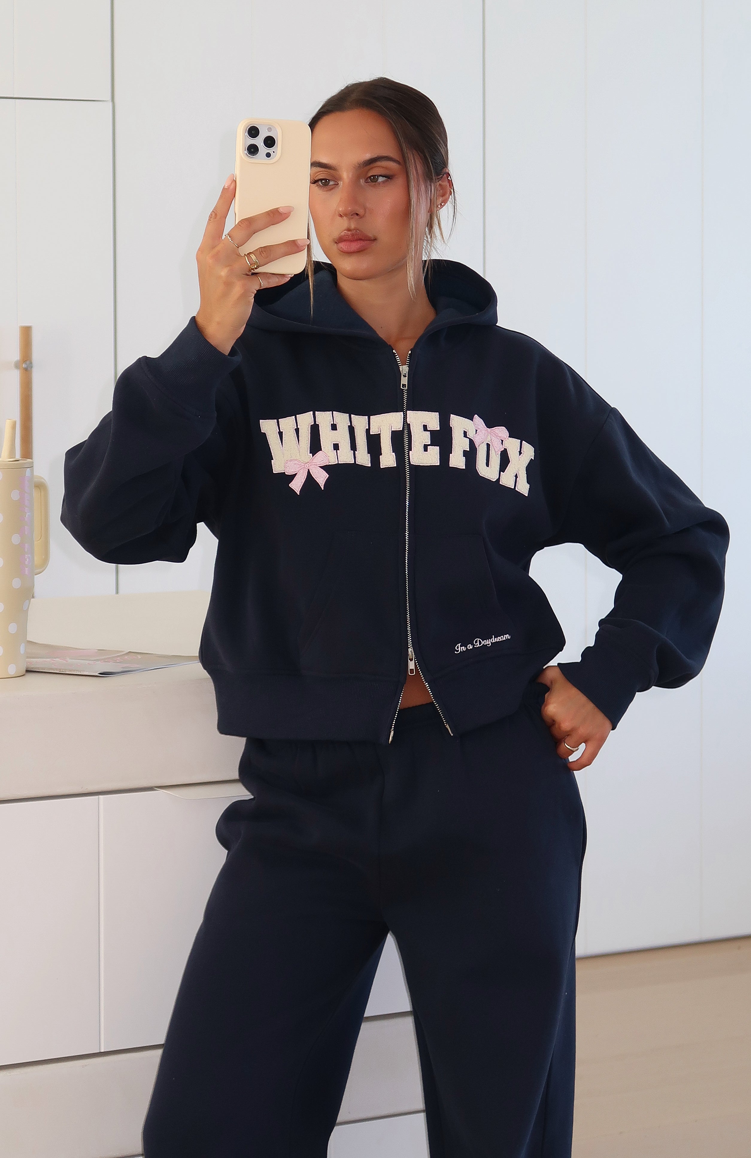 Daydreamers Madeline Boxy Zip Front Hoodie Navy | White Fox