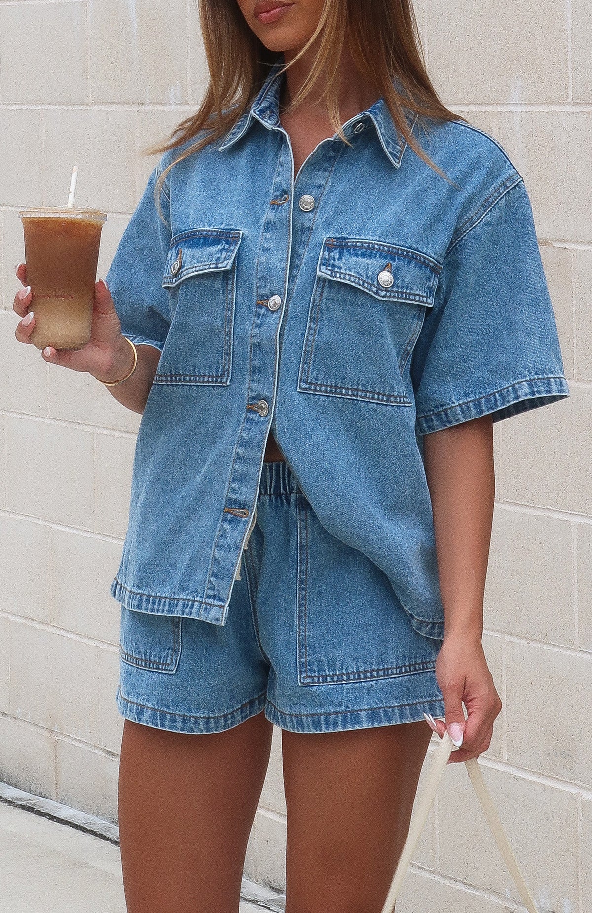 Denim Daydream Button Up Shirt Mid Blue | White Fox Boutique US