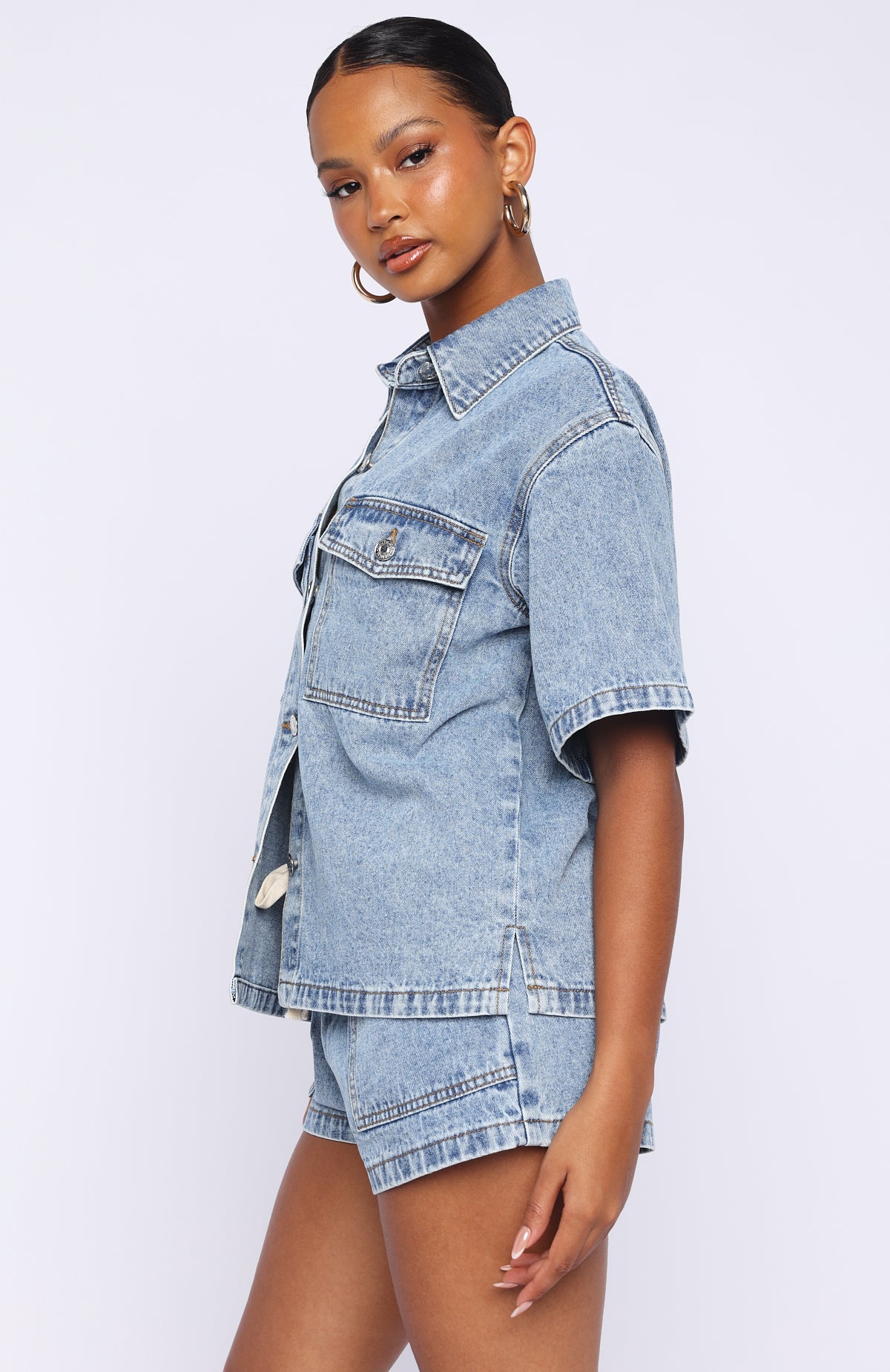 Denim Daydream Button Up Shirt Mid Blue | White Fox Boutique US