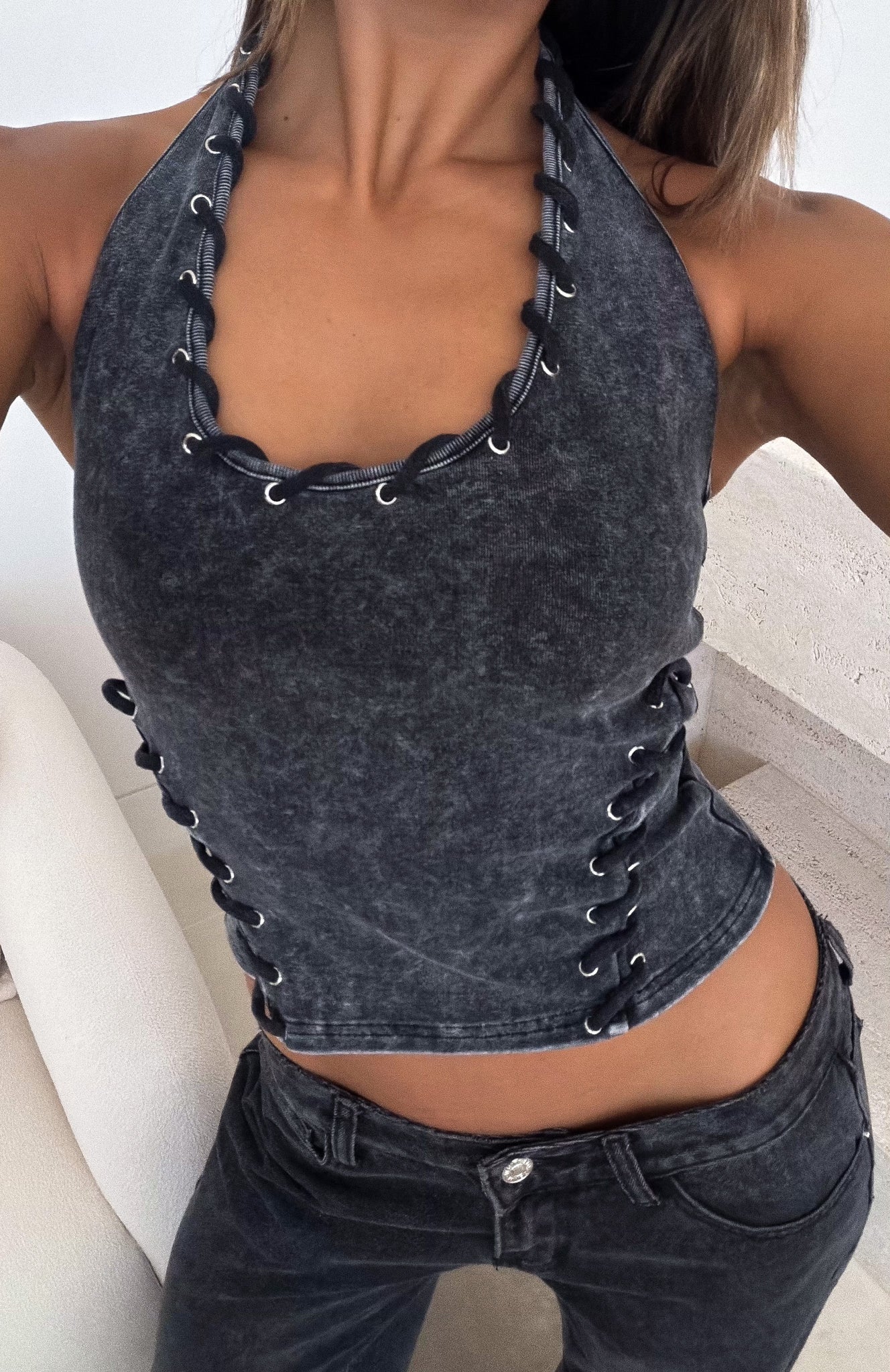 Desert Beats Halter Top Washed Black | White Fox Boutique US