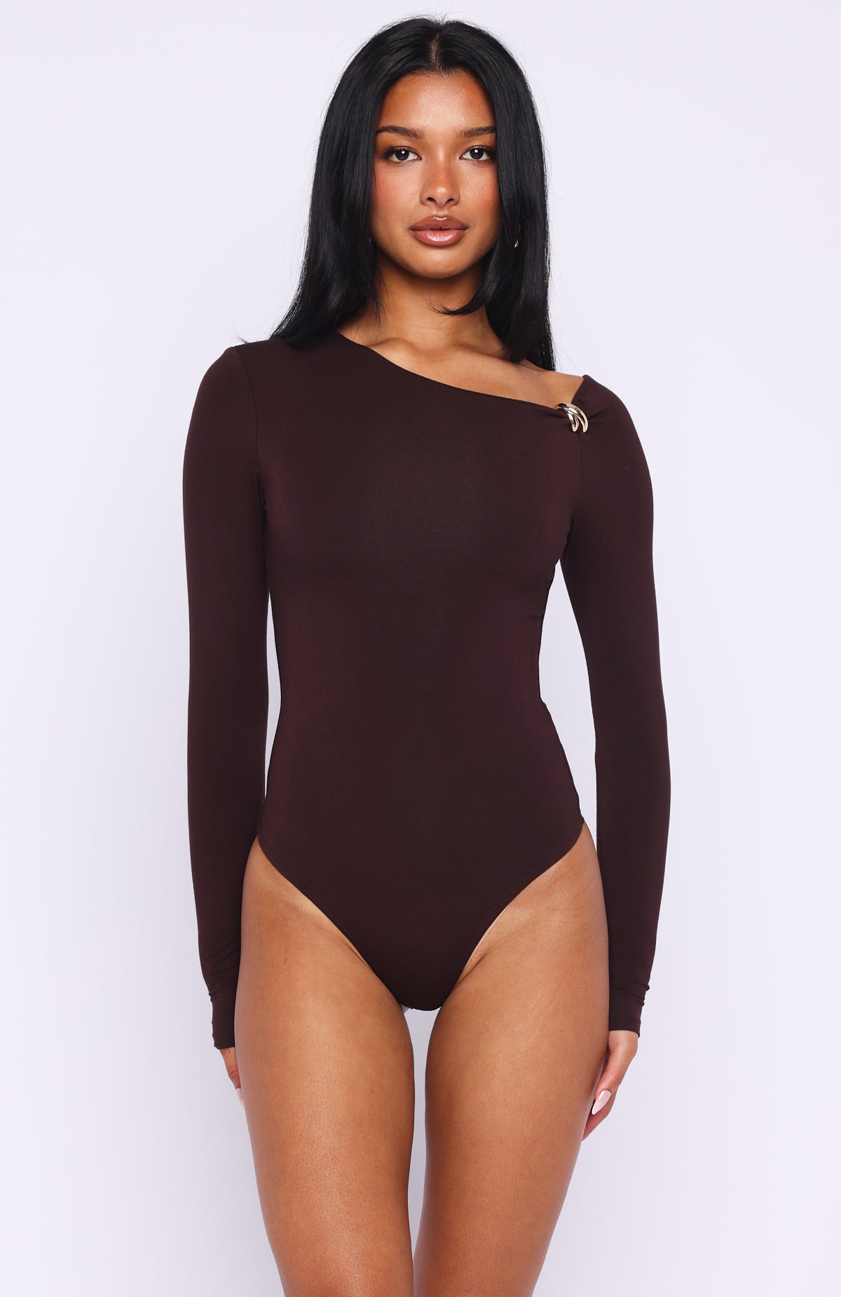 Double Down Long Sleeve Bodysuit Dark Chocolate | White Fox