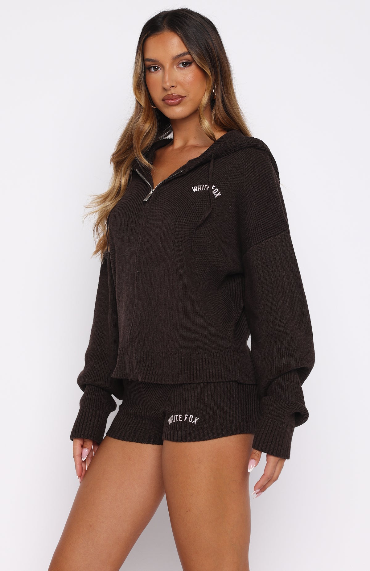 Floating By Knit Zip Front Hoodie Chocolate | White Fox Boutique US