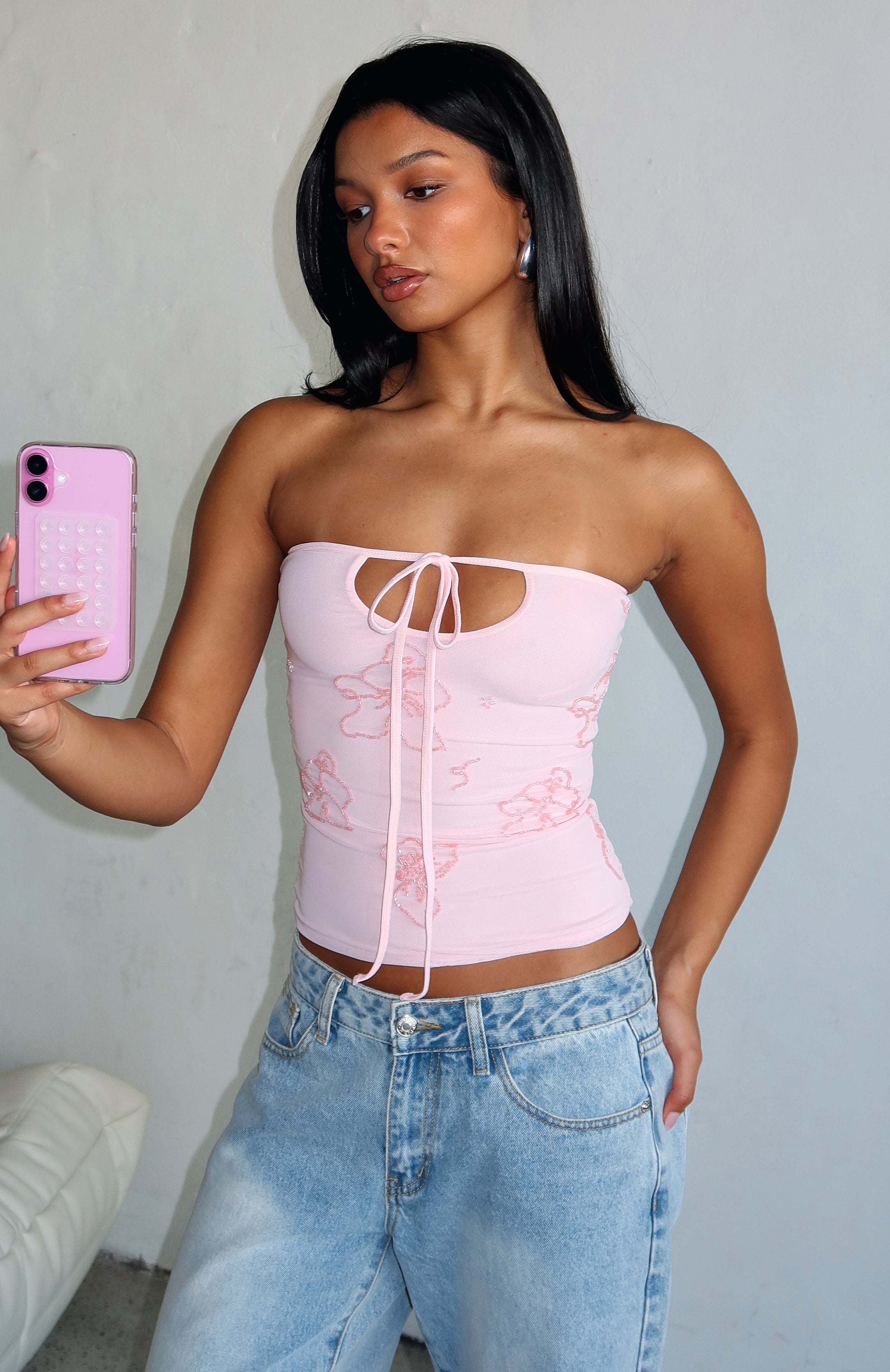 Glow Season Beaded Strapless Top Baby Pink | White Fox Boutique US