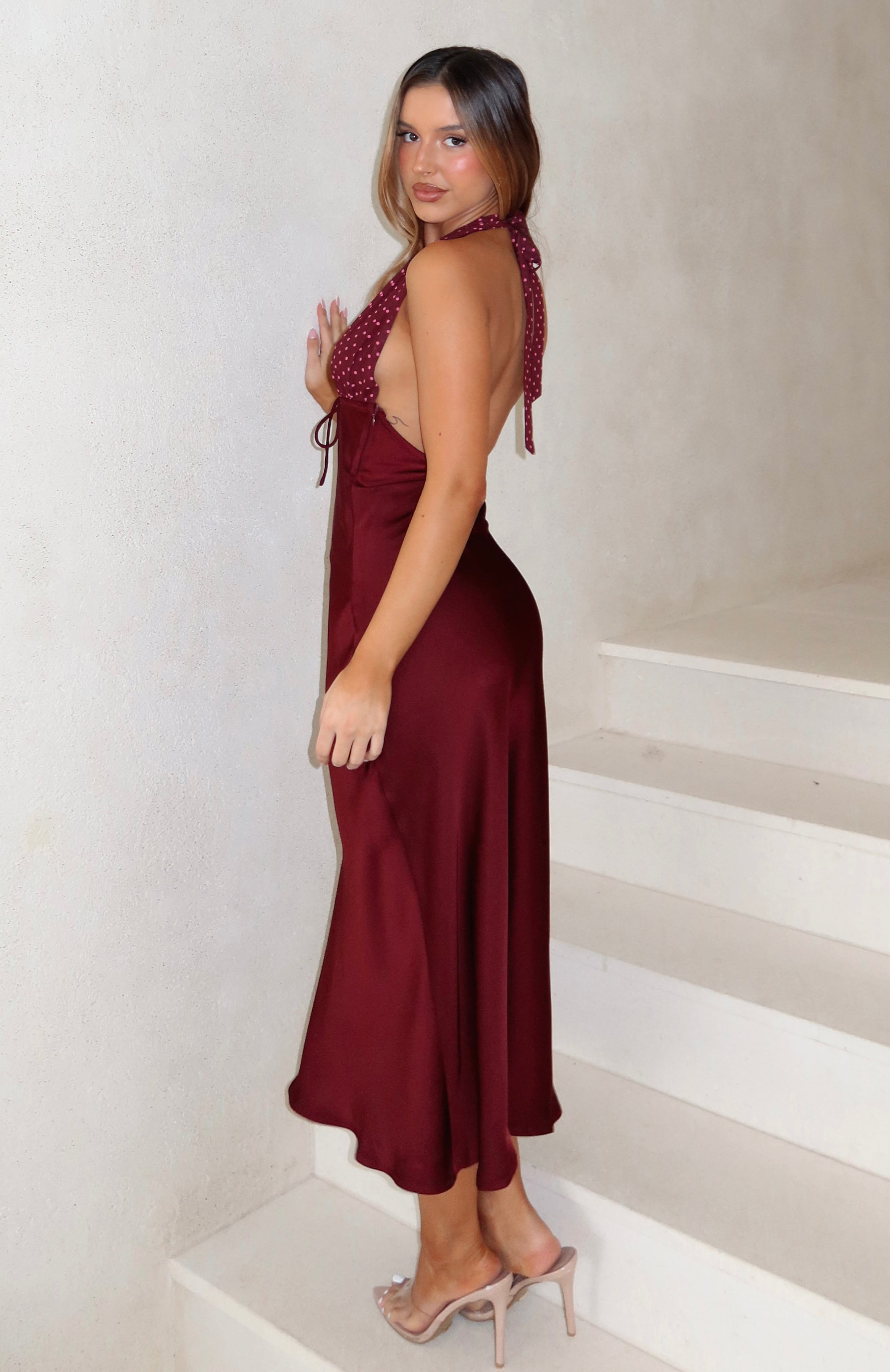 Guess You Miss Me Halter Midi Dress Burgundy/Pink Dot Guess You Miss Me Halter Midi Dress Burgundy/Pink Dot
