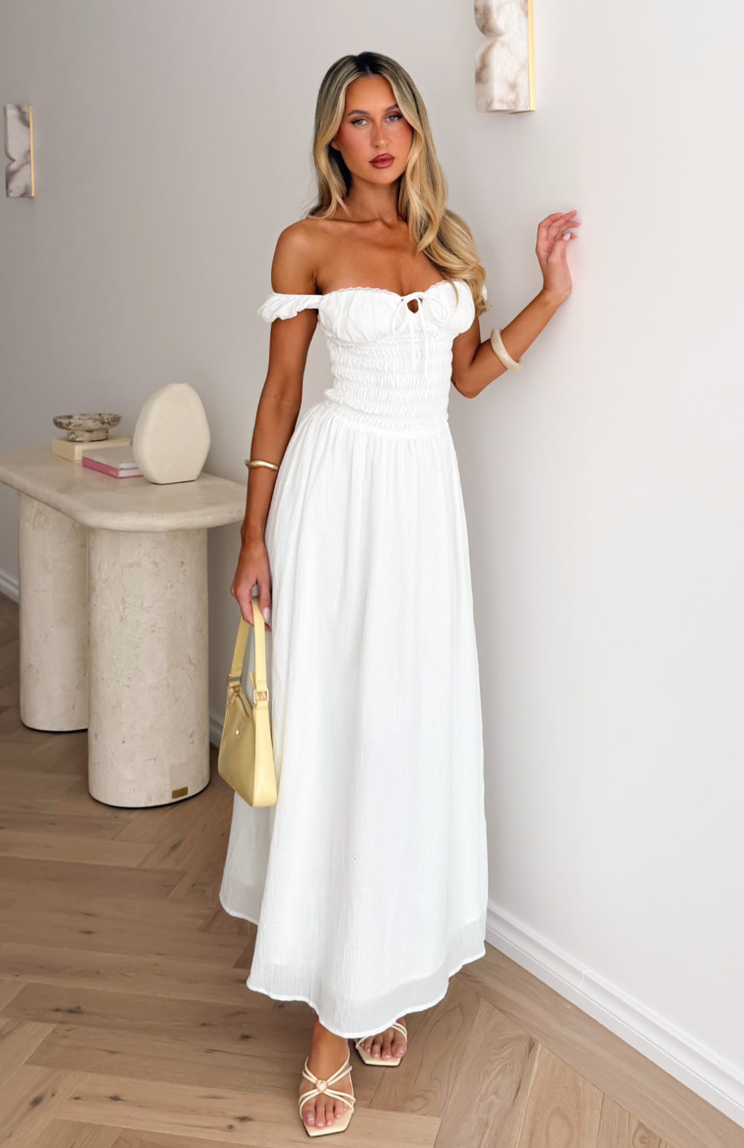white fox dresses High Views Off Shoulder Maxi Dress L eye closure at the Newborn Girls Blue Smocked SID-LD9322E Size:US4 - Preorder