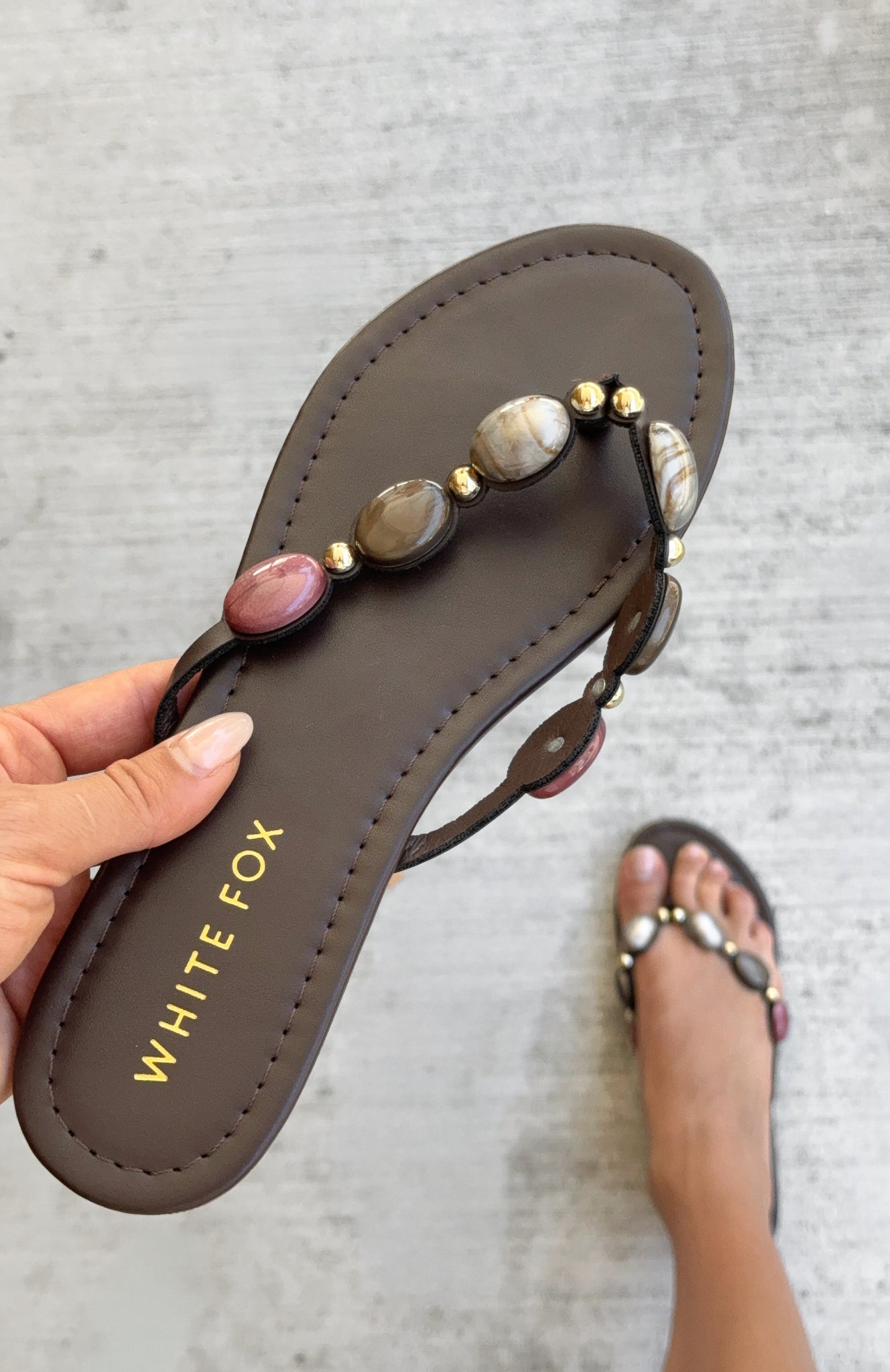 Kira Beaded Thong Sandals Chocolate | White Fox Boutique US